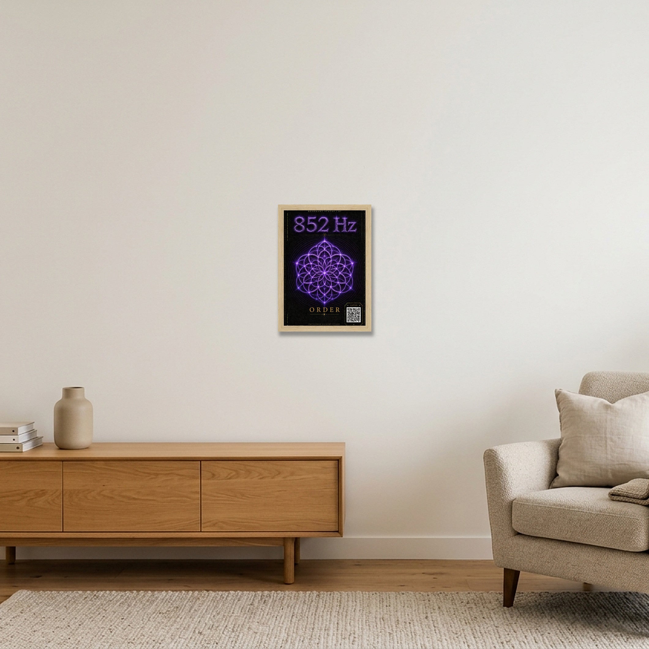 852 Hz Resonant States Frequency Cymatic Fine Art Print — A4 (21×30cm, 8×12") Oak Frame