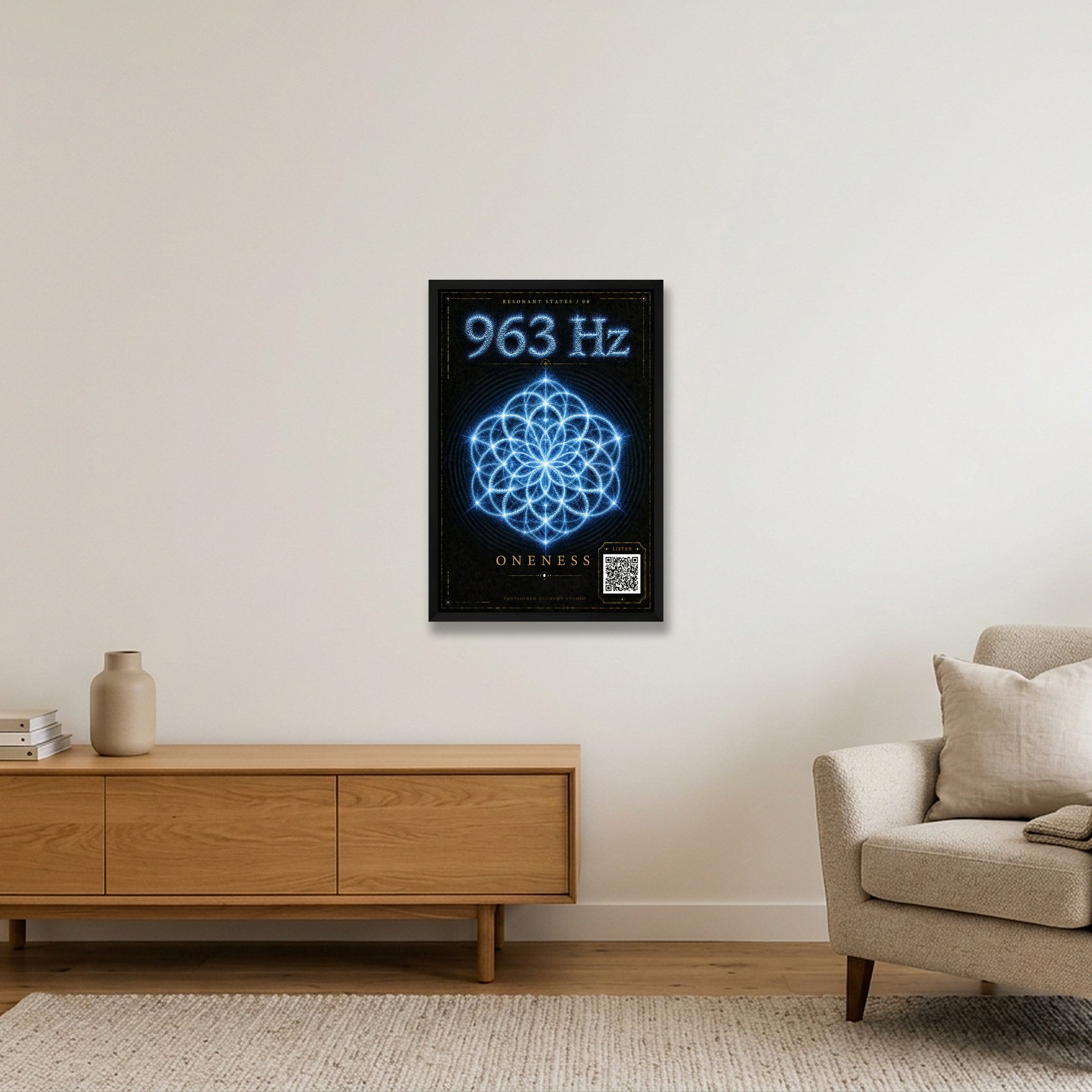 963 Hz Resonant States Frequency Cymatic Fine Art Print — 40×60cm, 16×24" Black Frame