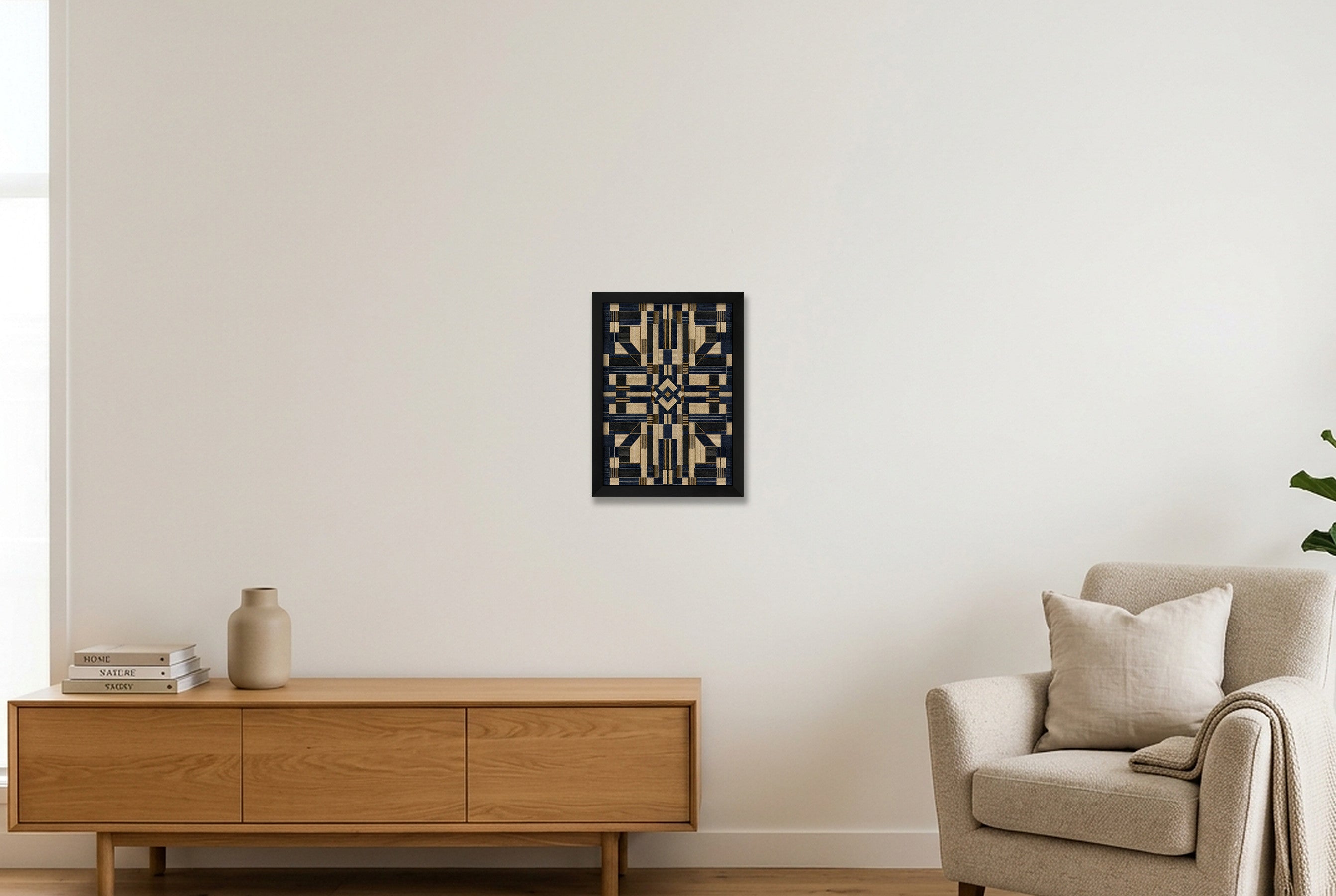 Indigo Geometric Heritage Weave — A4 (21×30cm, 8×12") Black Frame