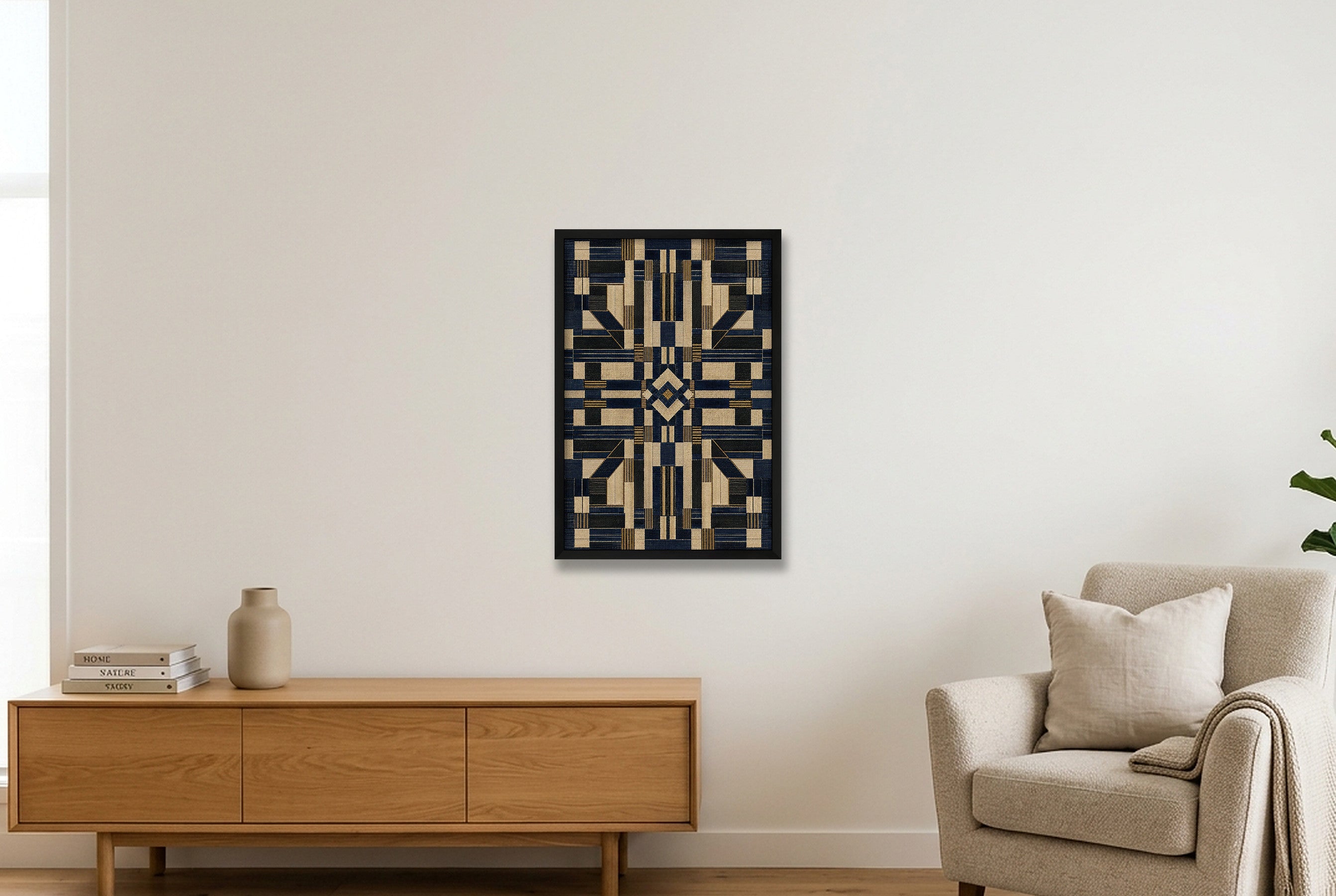 Indigo Geometric Heritage Weave — 40×60cm, 16×24" Black Frame