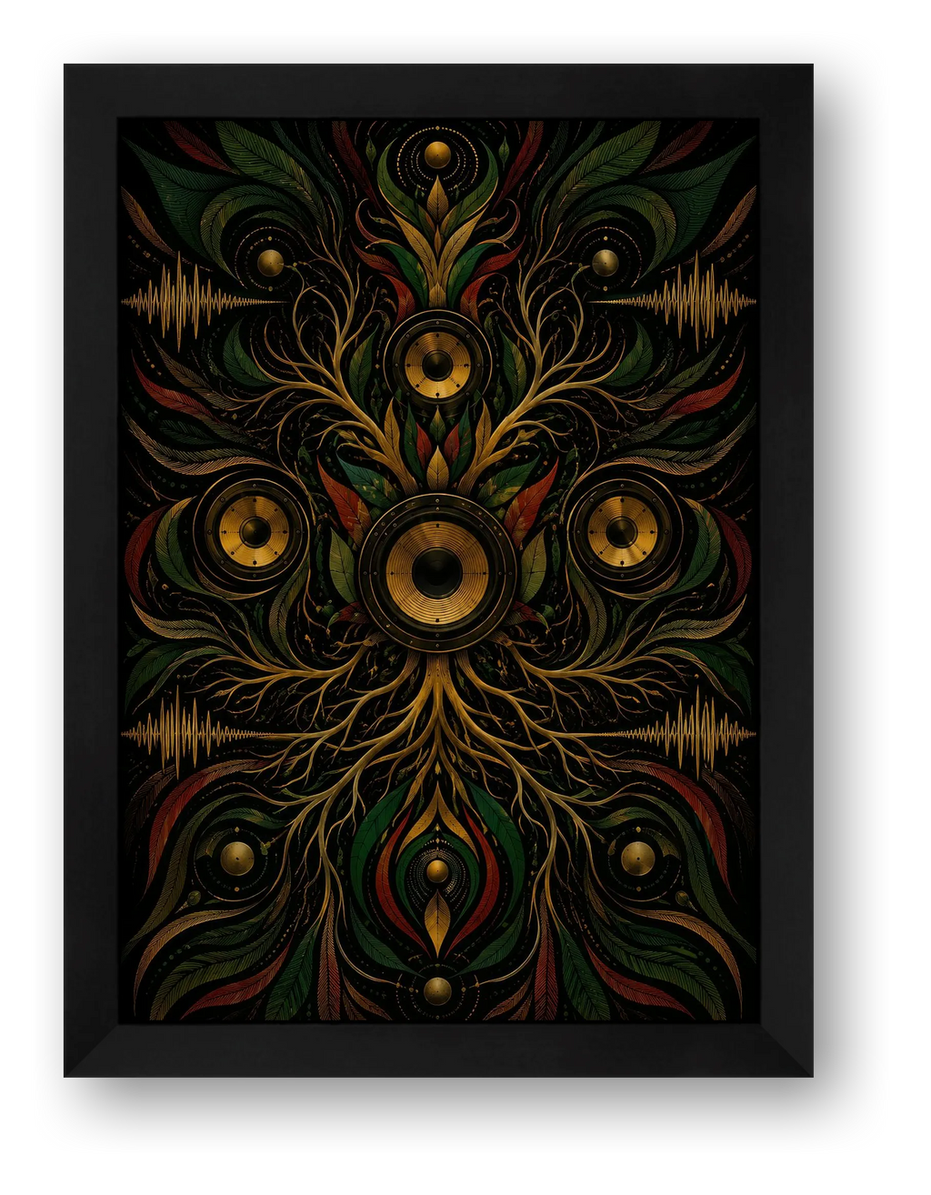 Roots Reggae Wall Art, Black Green and Gold Botanical Giclée Print — Dub Echo — framed