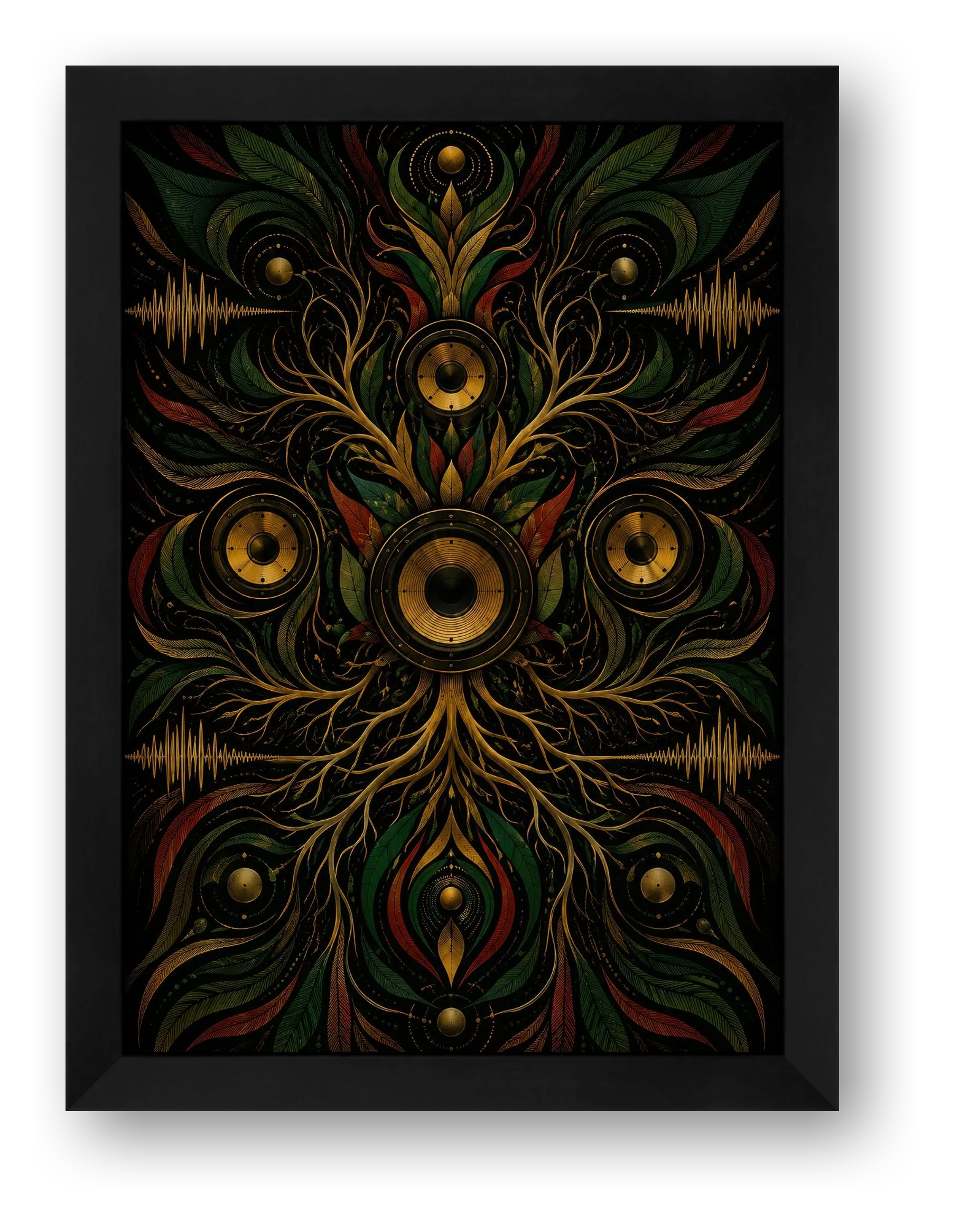 Roots Reggae Wall Art, Black Green and Gold Botanical Giclée Print — Dub Echo — framed
