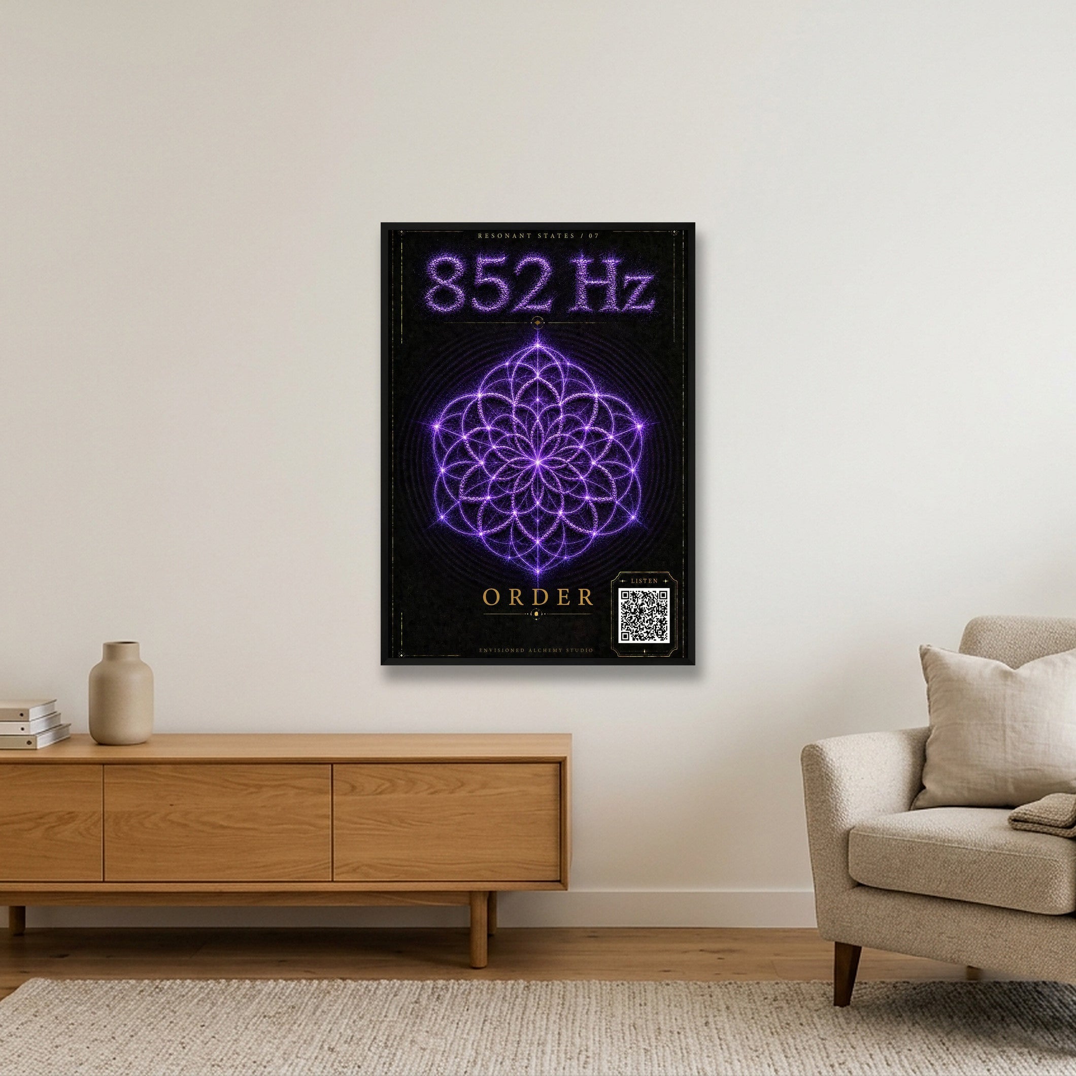 852 Hz Resonant States Frequency Cymatic Fine Art Print — 70×100cm, 28×39" Black Frame