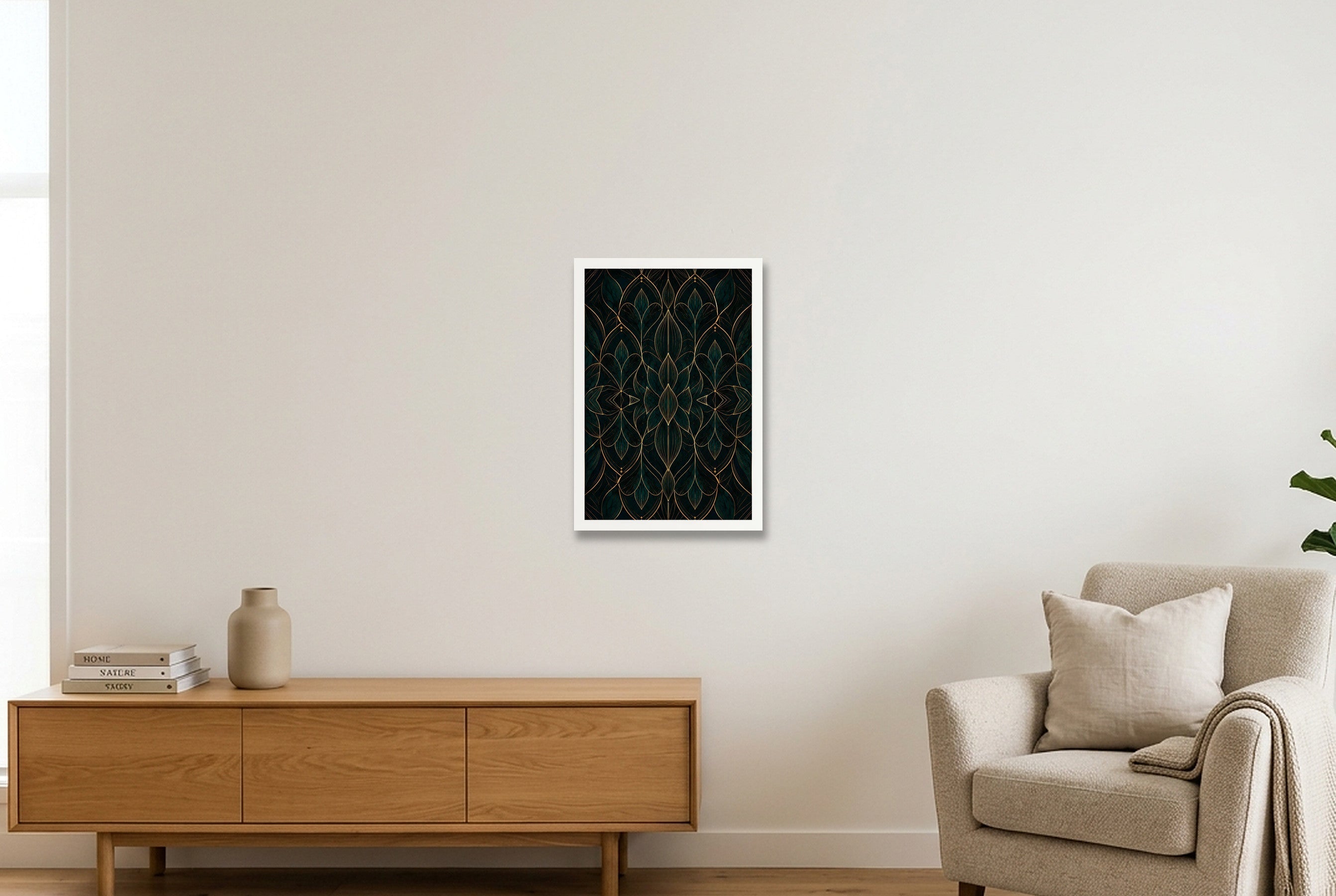 Teal Gold Lotus Botanical Archive — 30×45cm, 12×18" White Frame