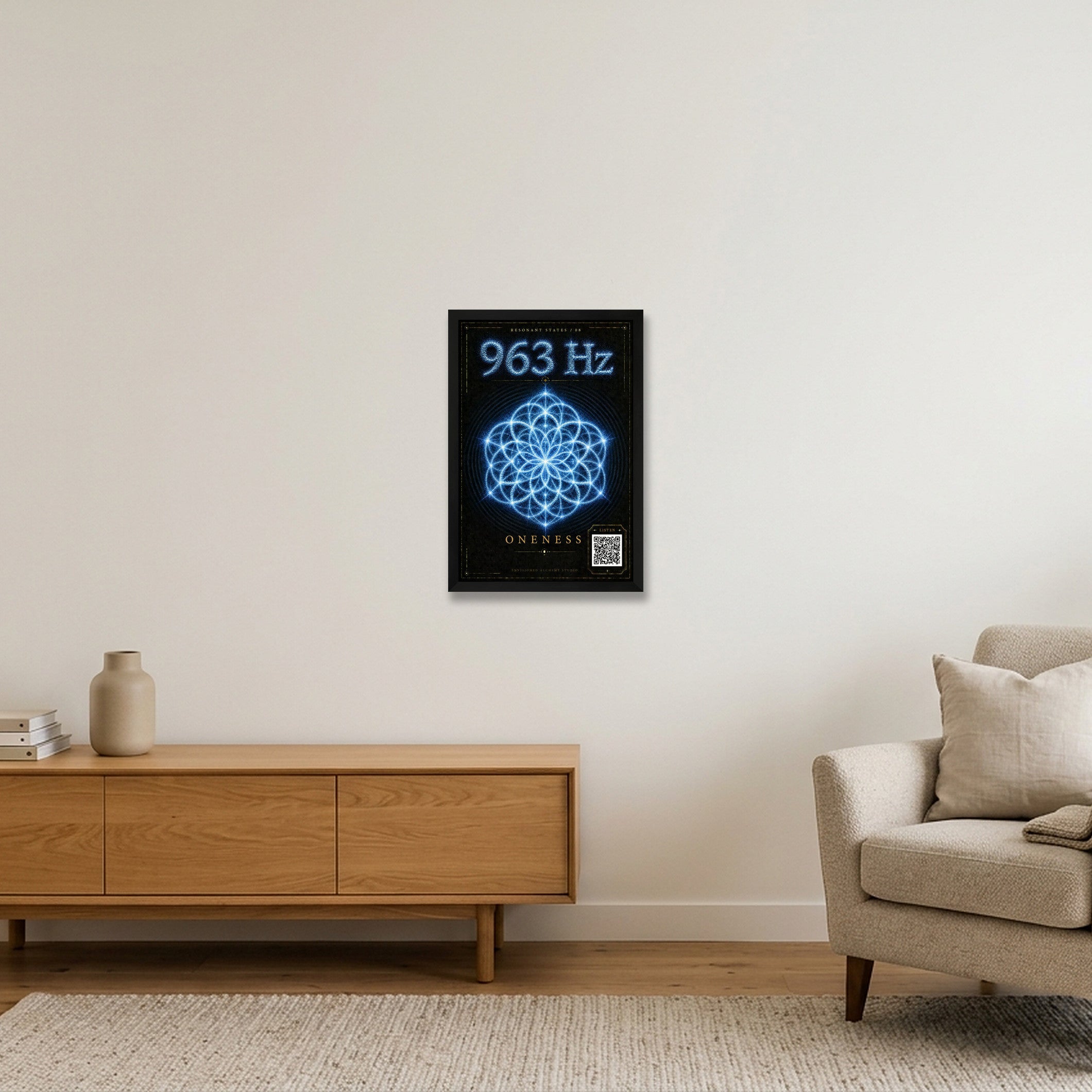 963 Hz Resonant States Frequency Cymatic Fine Art Print — 30×45cm, 12×18" Black Frame