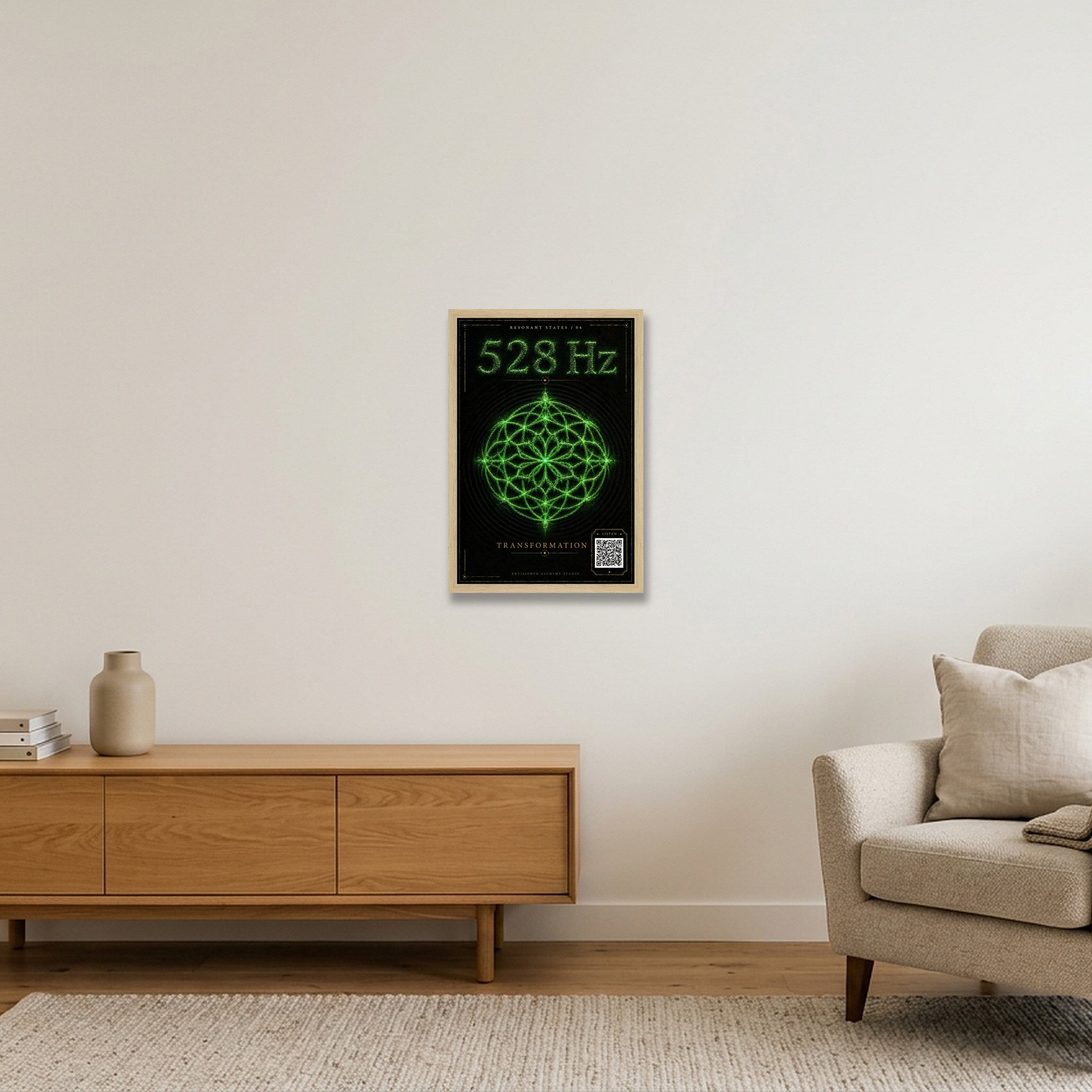 528 Hz Resonant States Frequency Cymatic Fine Art Print — 30×45cm, 12×18" Oak Frame