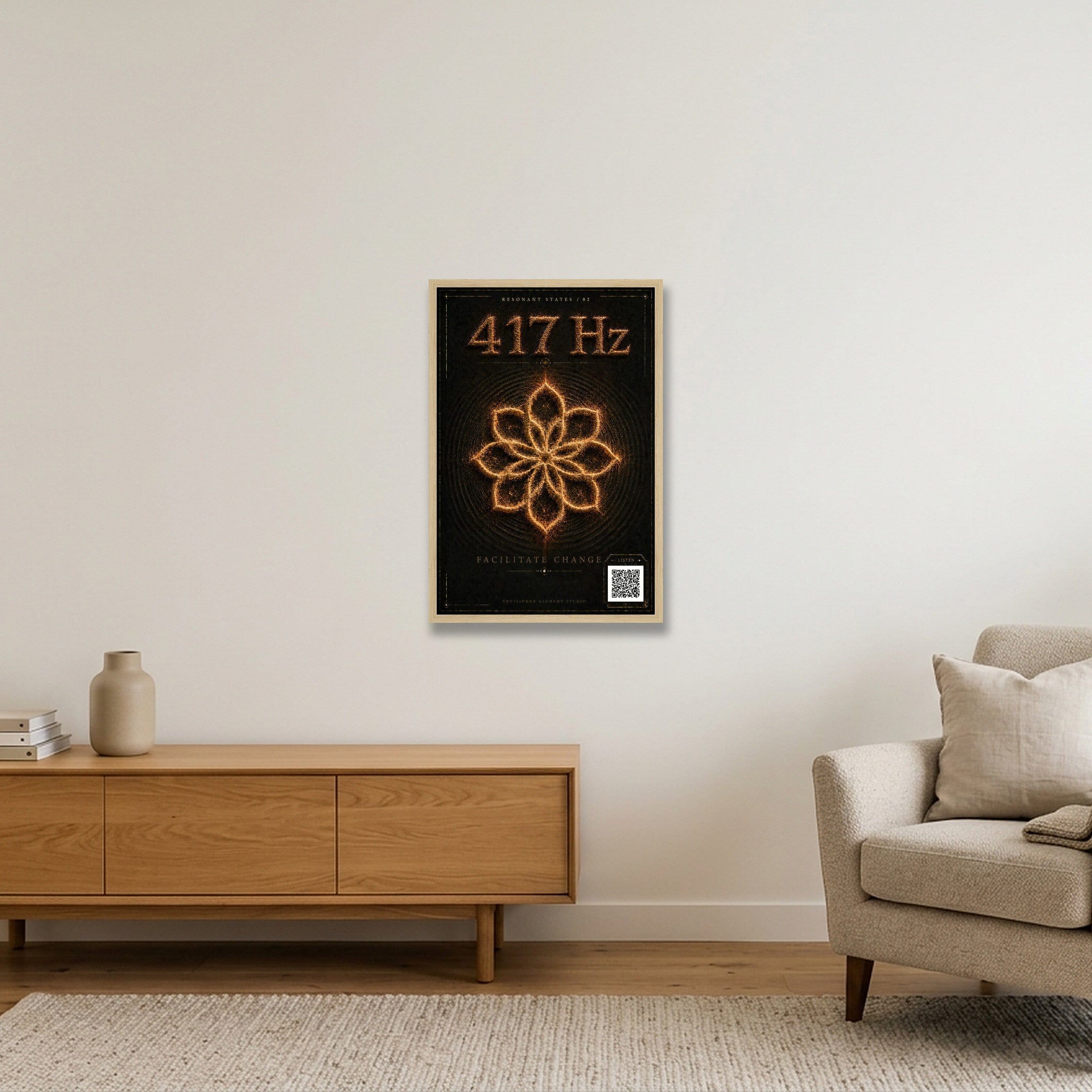 417 Hz Resonant States — Frequency Cymatic Fine Art Print — 40×60cm, 16×24" Oak Frame