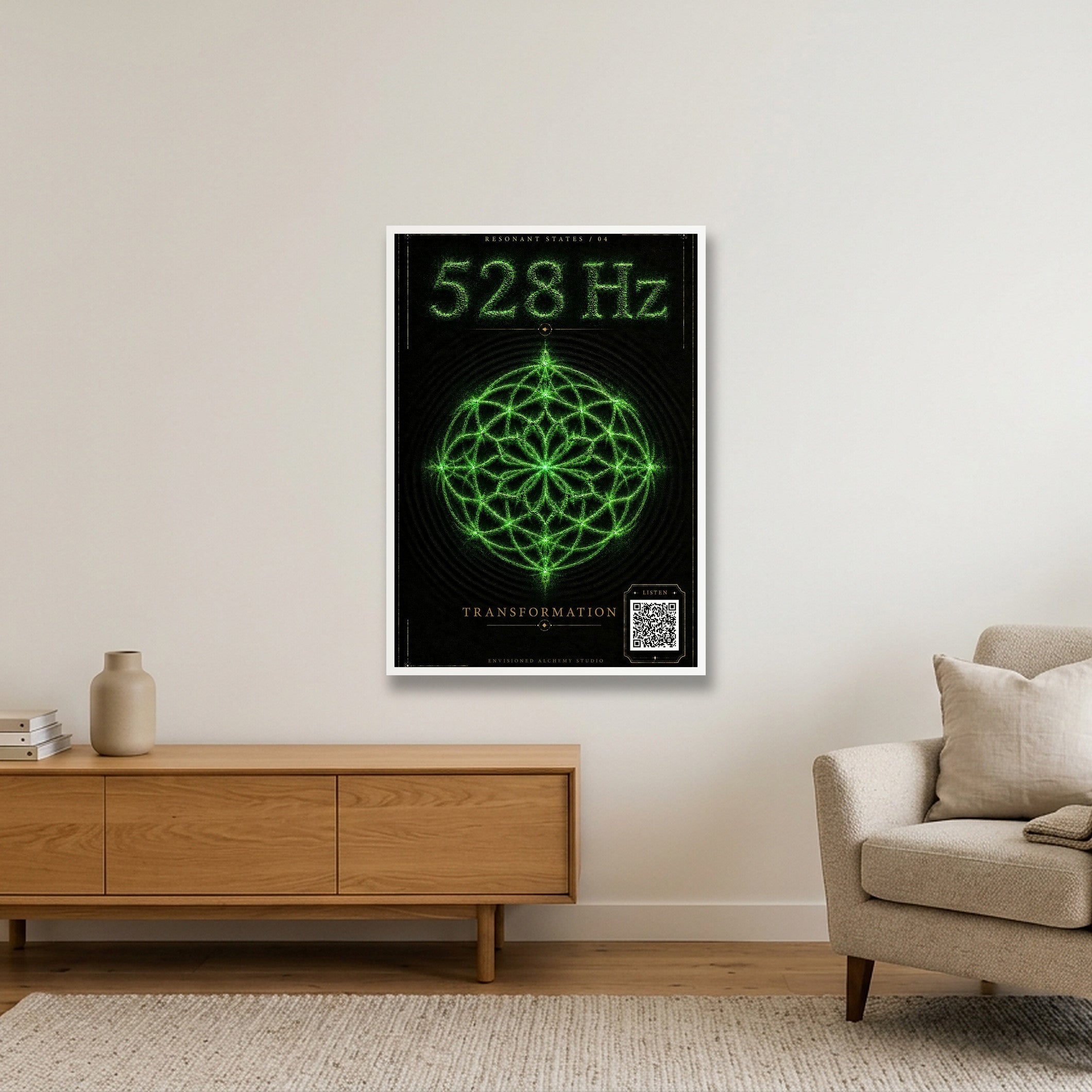 528 Hz Resonant States Frequency Cymatic Fine Art Print — 70×100cm, 28×39" White Frame