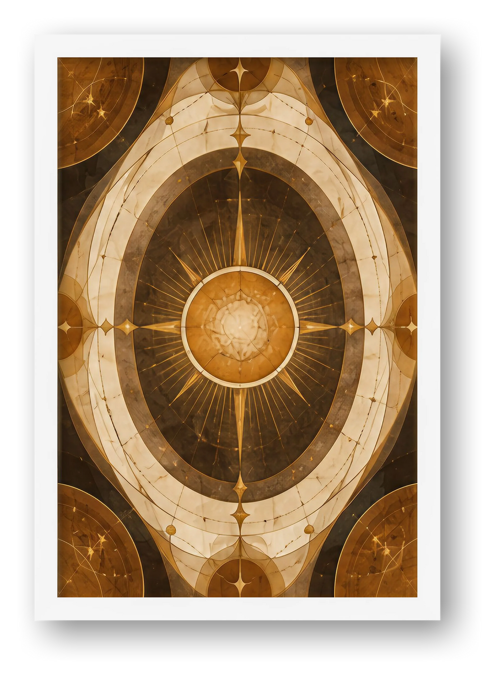 Golden Sun Wall Art, Neutral Celestial Sacred Geometry Giclée Print — Solar Halo — framed