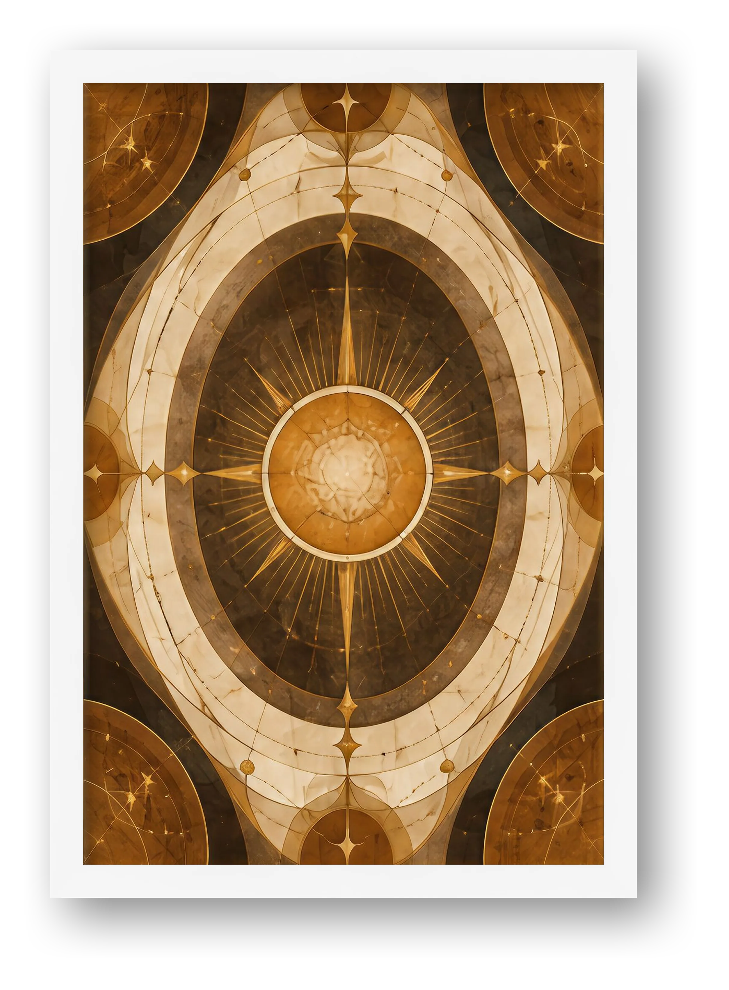 Golden Sun Wall Art, Neutral Celestial Sacred Geometry Giclée Print — Solar Halo — framed