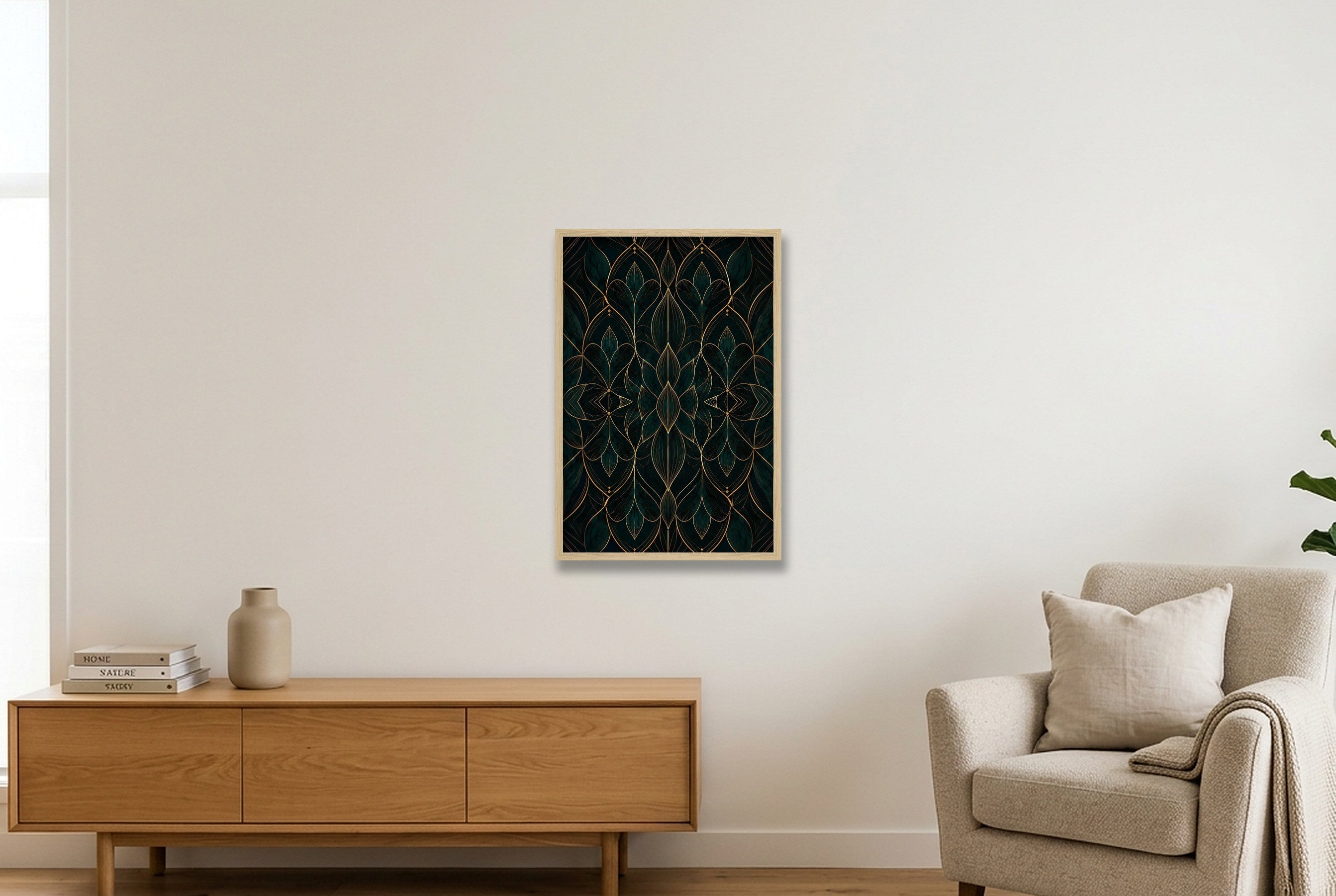 Teal Gold Lotus Botanical Archive — 40×60cm, 16×24" Oak Frame