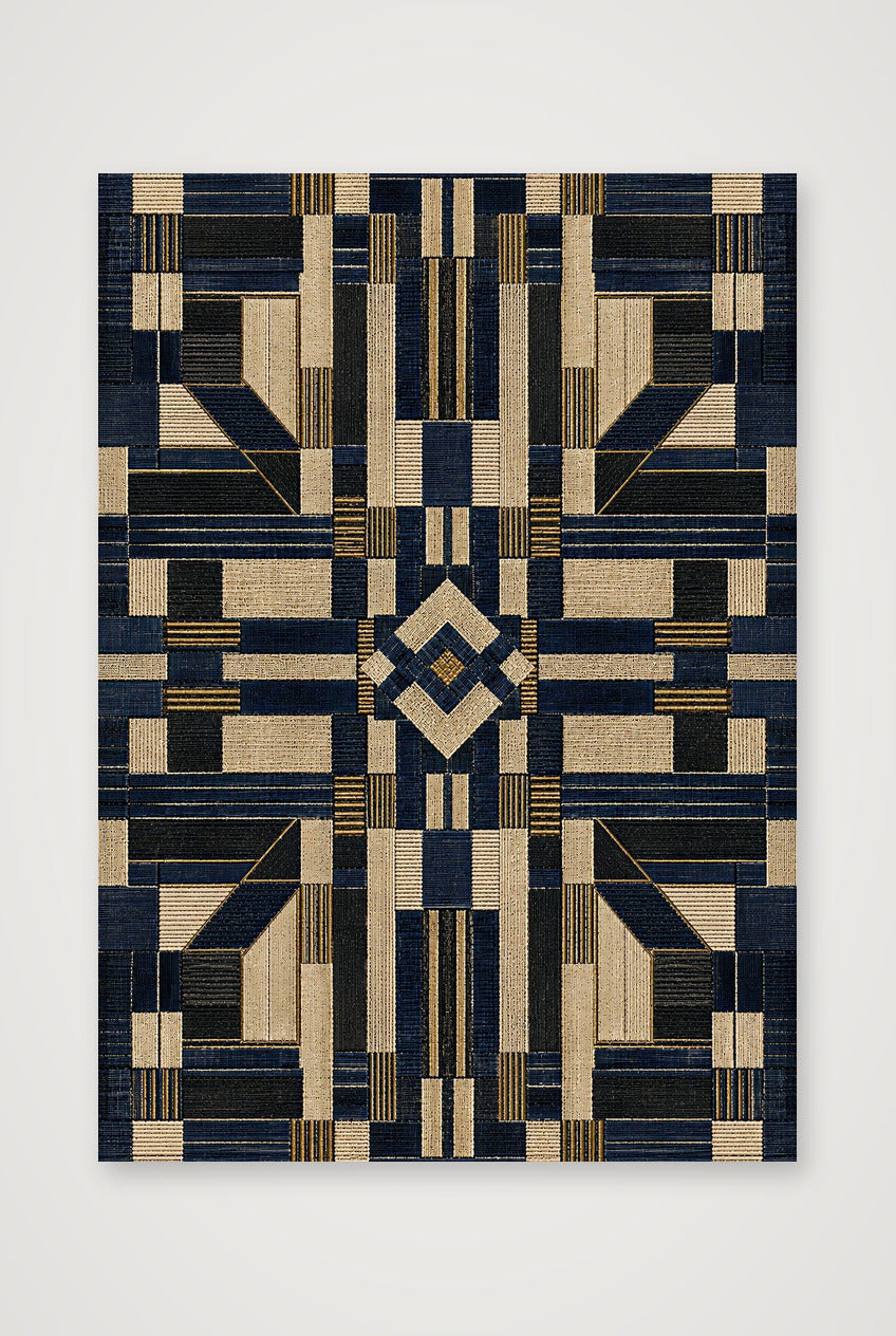 Indigo Blue African Geometric Wall Art, Gold Textile Giclée Print — Indigo Geometric — A4 (21×30cm, 8×12") Print only