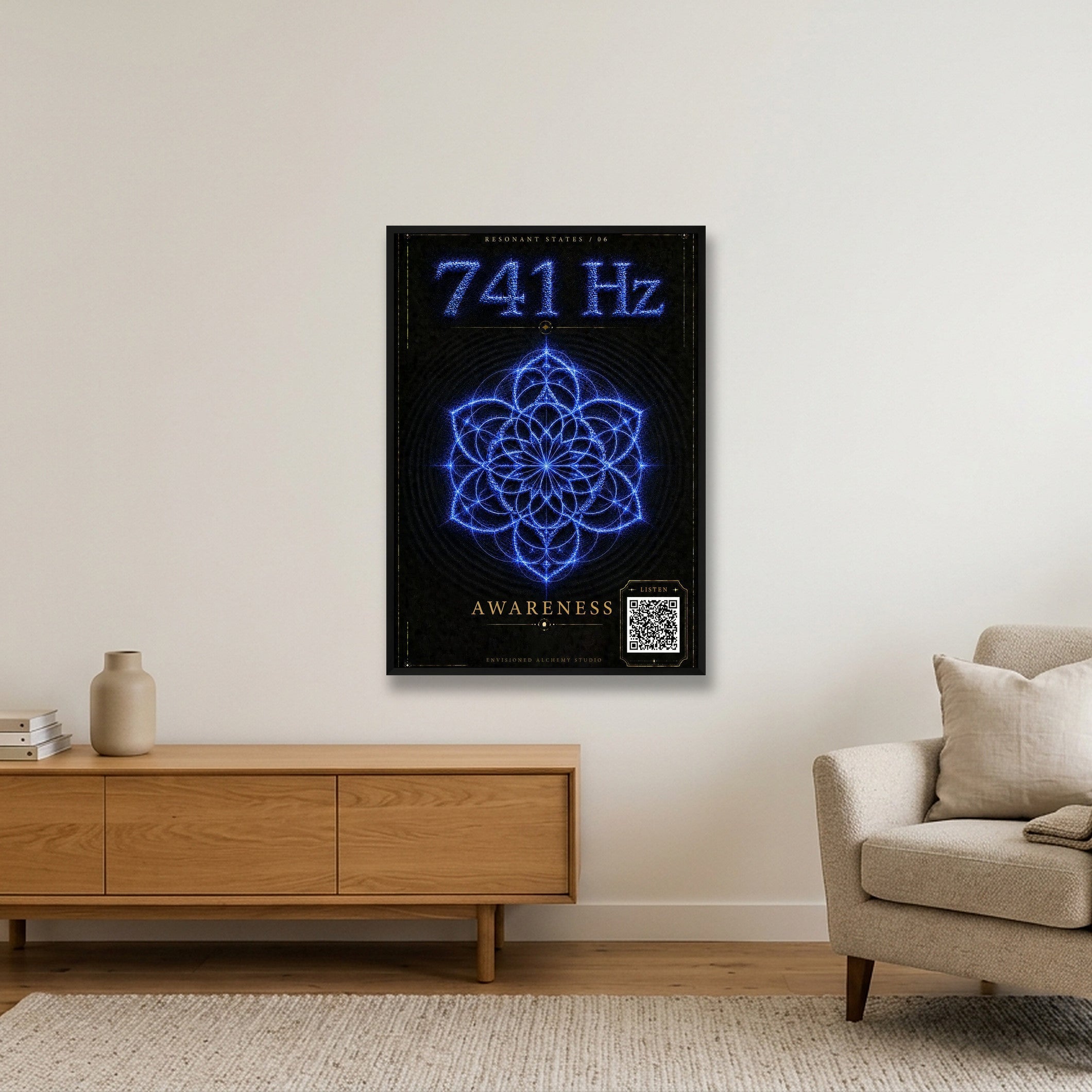 741 Hz Resonant States Frequency Cymatic Fine Art Print — 70×100cm, 28×39" Black Frame