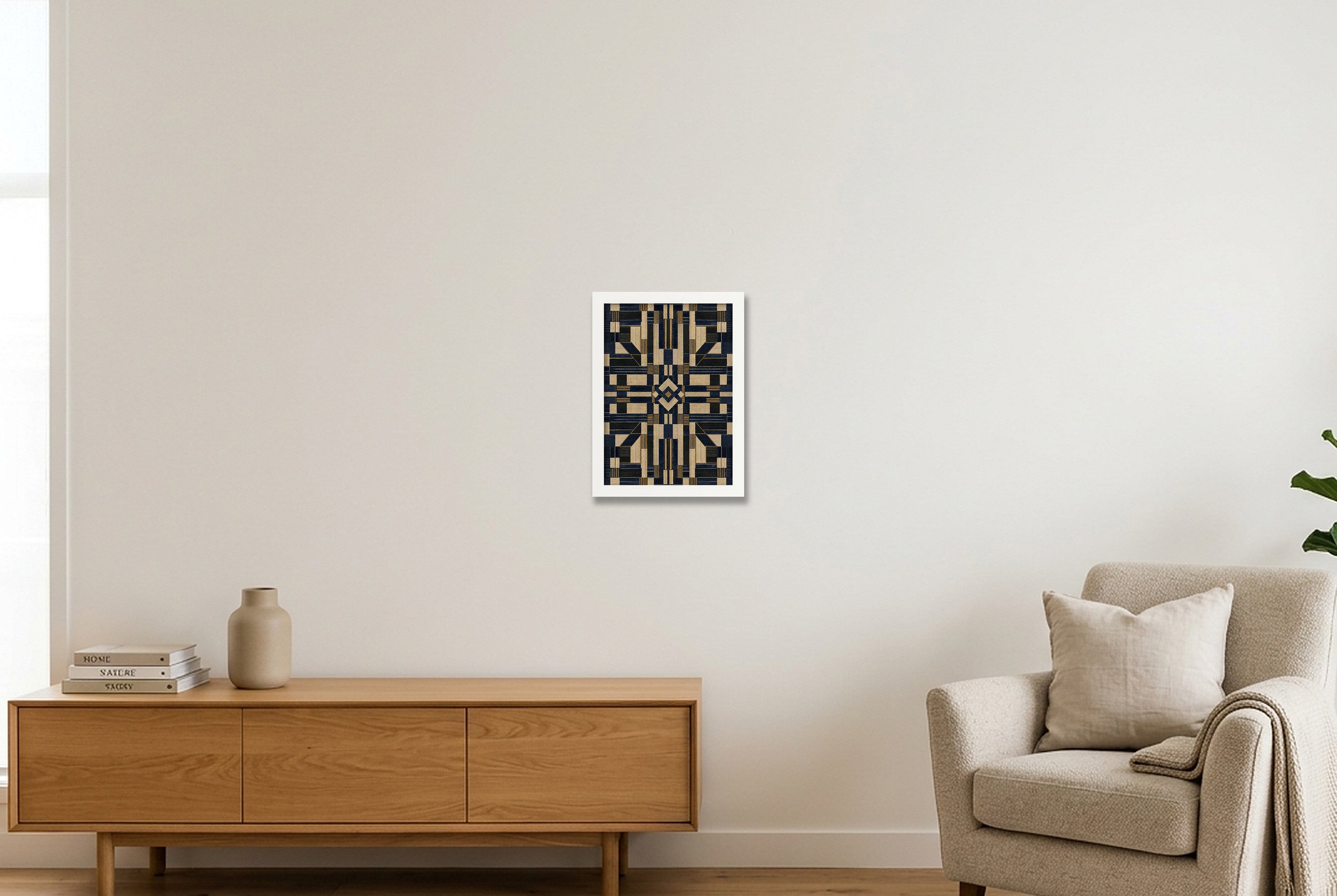 Indigo Geometric Heritage Weave — A4 (21×30cm, 8×12") White Frame