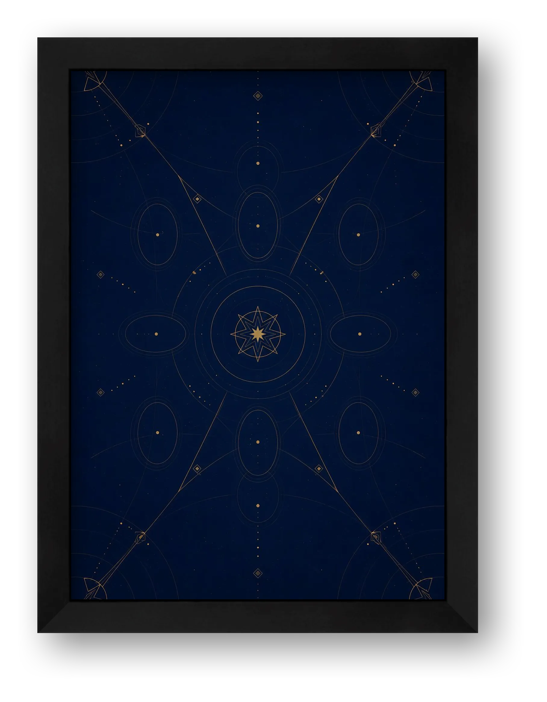 Navy Blue Celestial Wall Art, Gold Sacred Geometry Giclée Print — Star Gate — framed