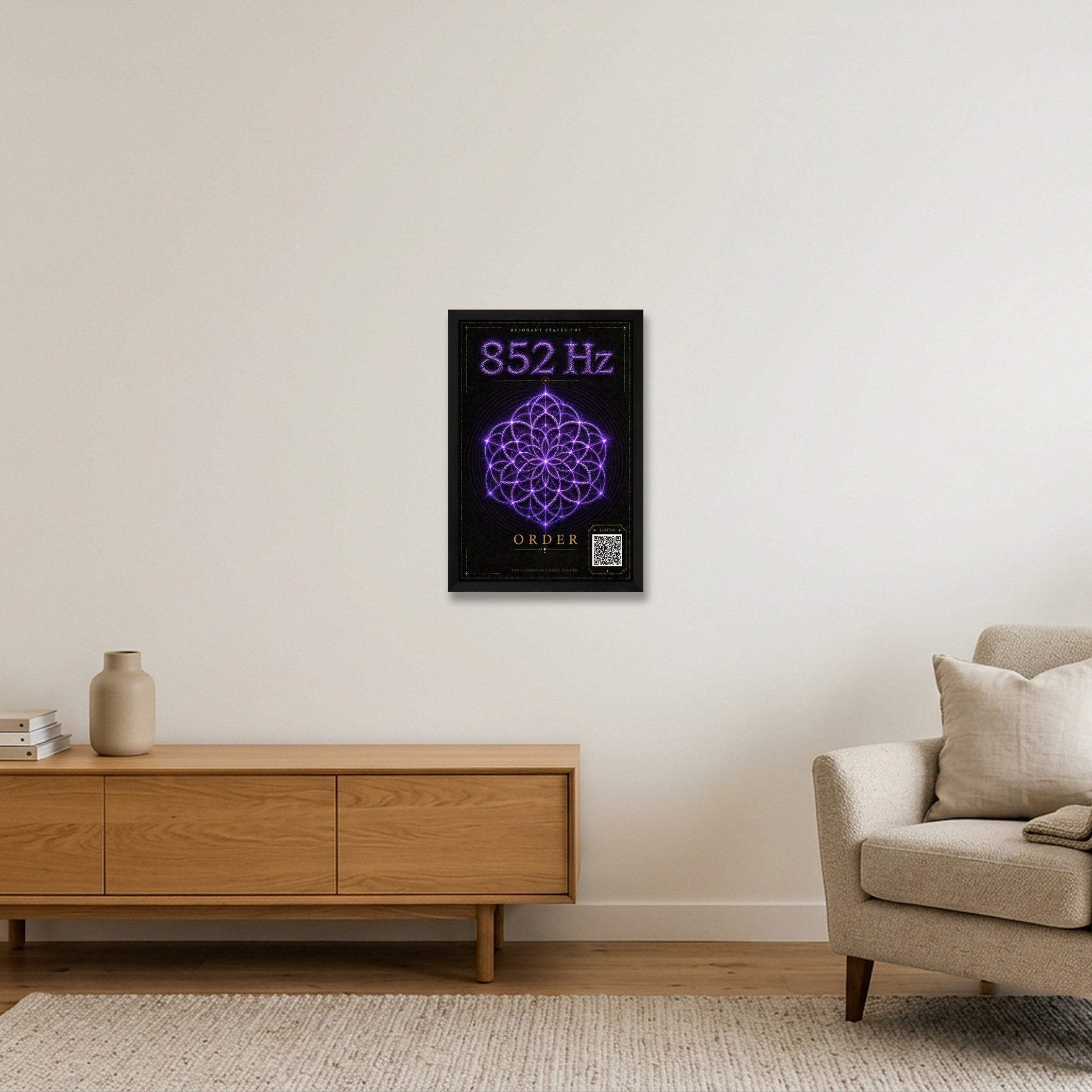 852 Hz Resonant States Frequency Cymatic Fine Art Print — 30×45cm, 12×18" Black Frame