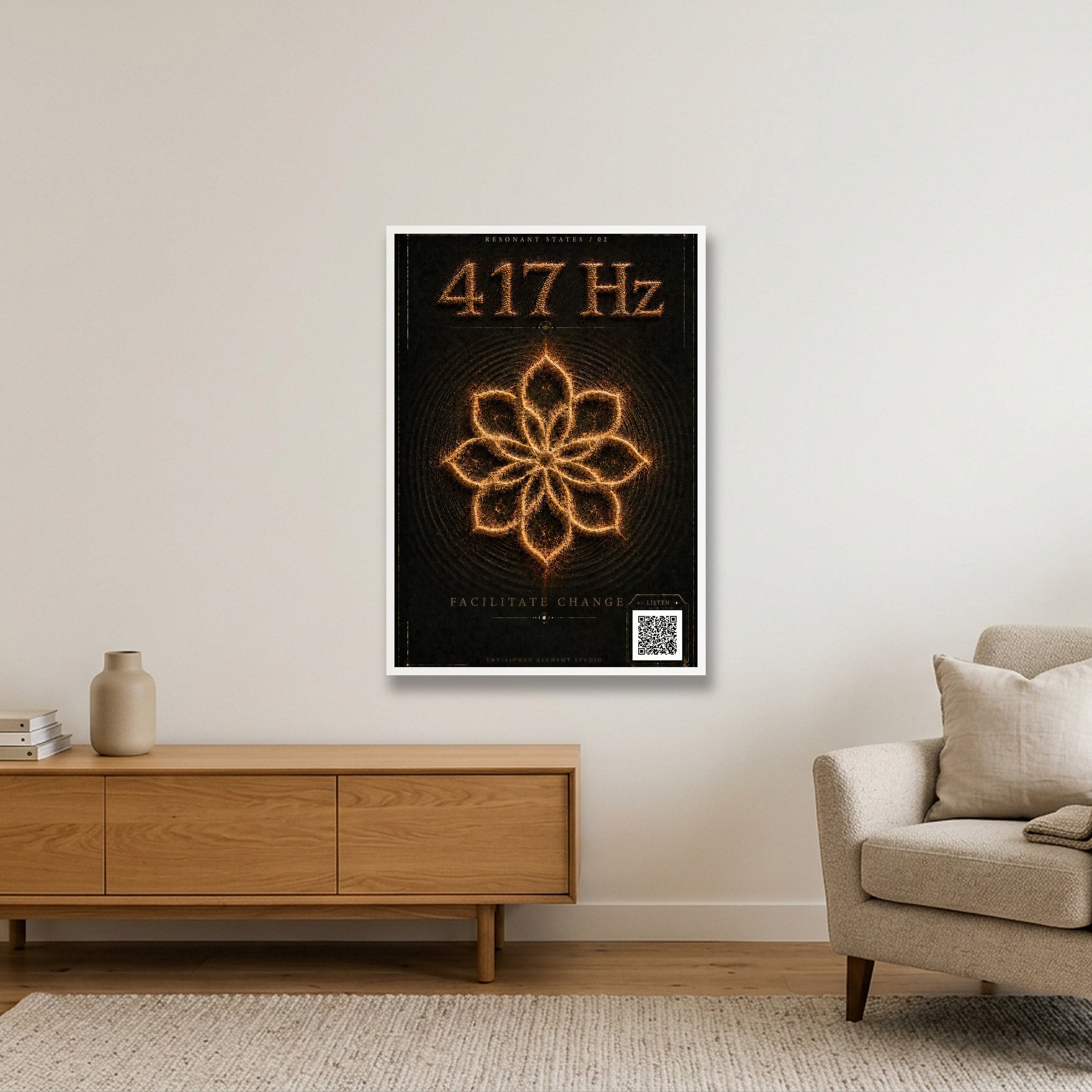 417 Hz Resonant States — Frequency Cymatic Fine Art Print — 70×100cm, 28×39" White Frame