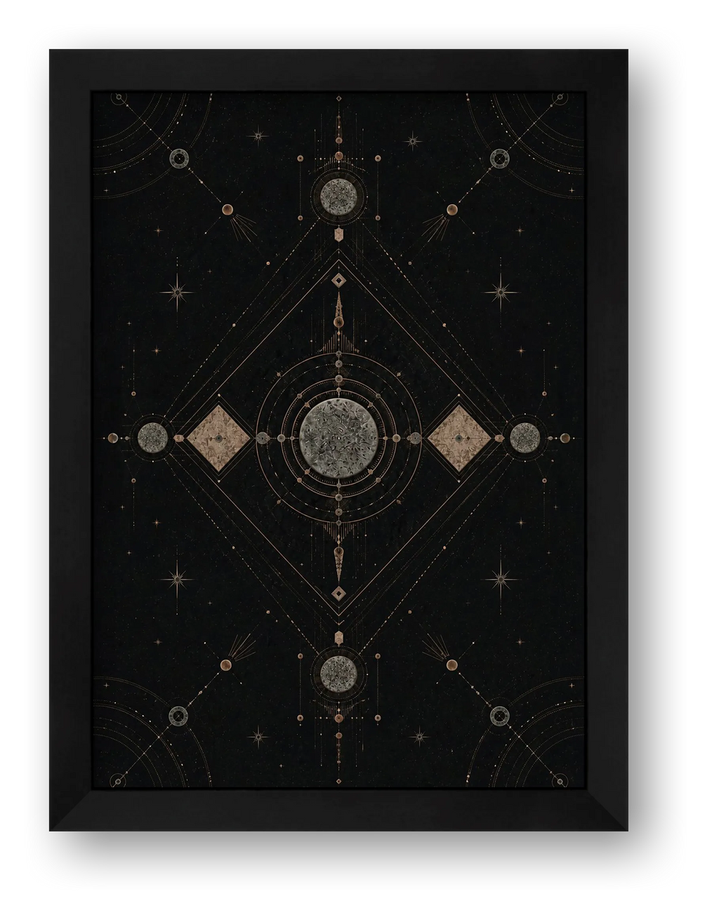 Black and Gold Sacred Geometry Wall Art, Celestial Giclée Print — Elemental Axis — framed