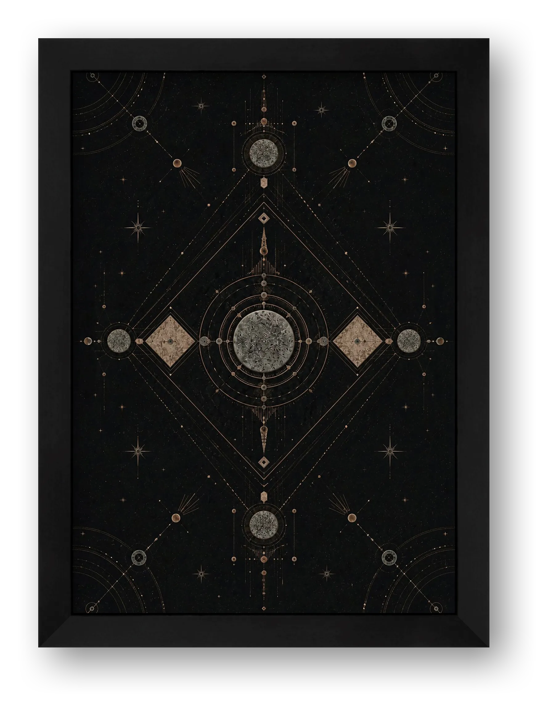 Black and Gold Sacred Geometry Wall Art, Celestial Giclée Print — Elemental Axis — framed