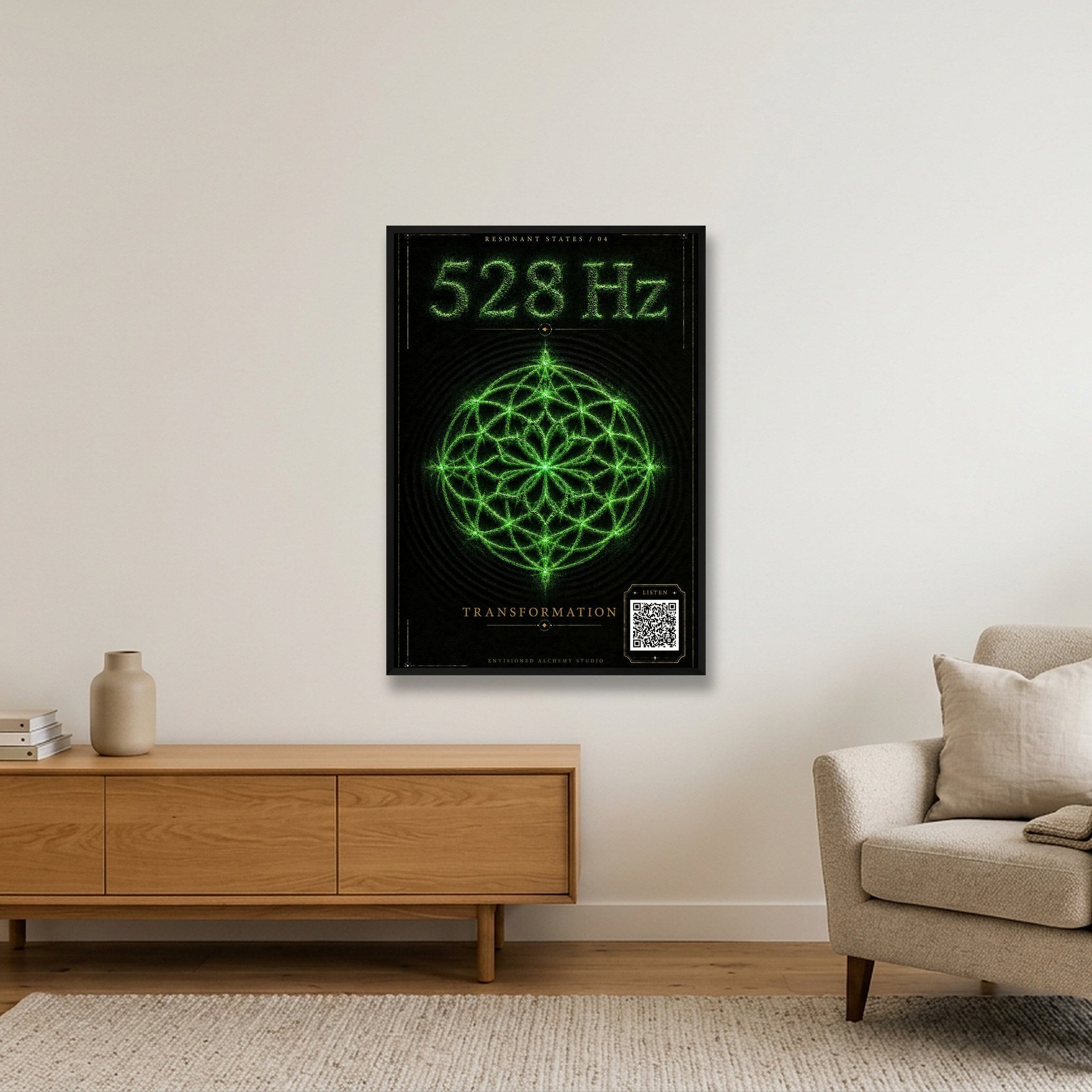 528 Hz Resonant States Frequency Cymatic Fine Art Print — 70×100cm, 28×39" Black Frame