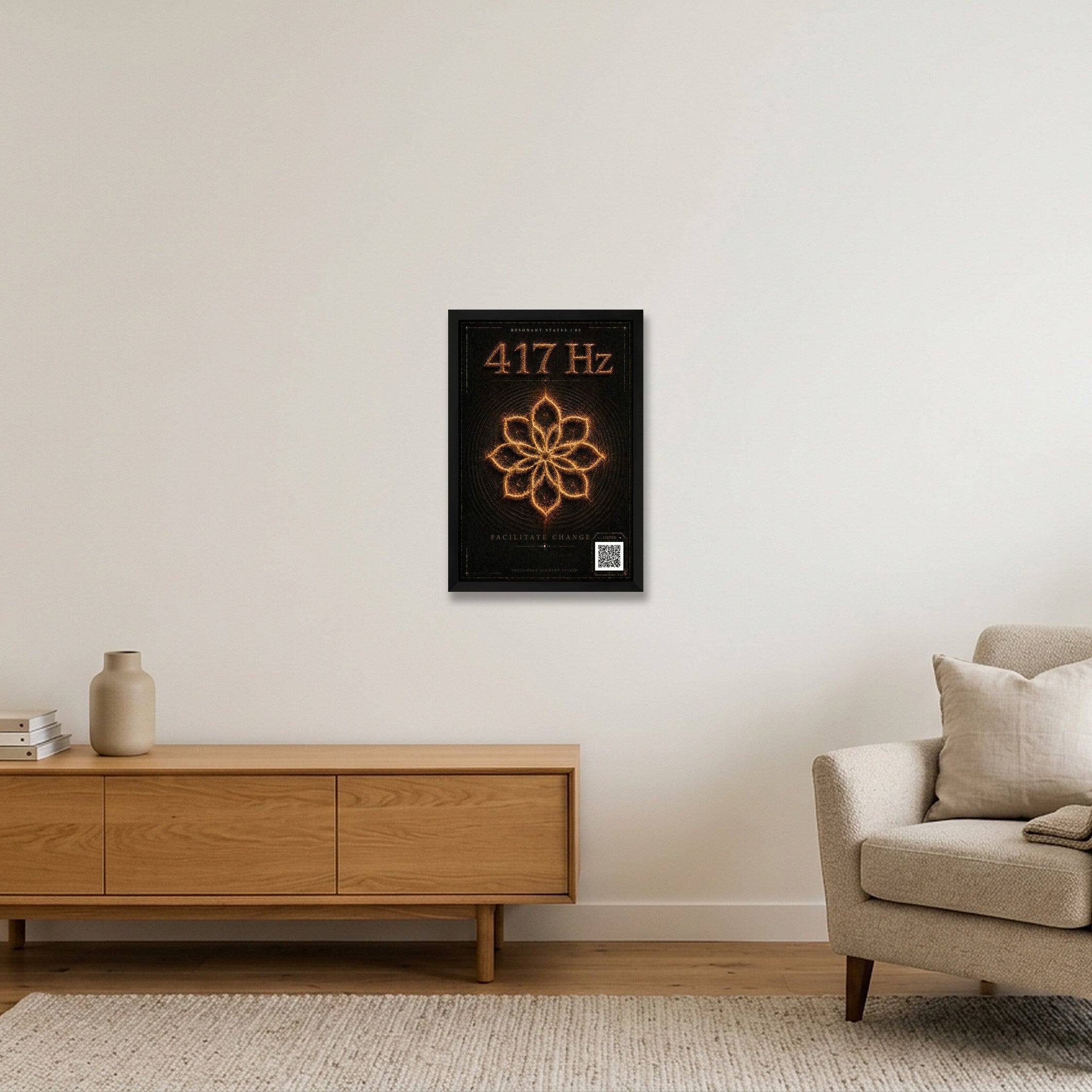 417 Hz Resonant States — Frequency Cymatic Fine Art Print — 30×45cm, 12×18" Black Frame