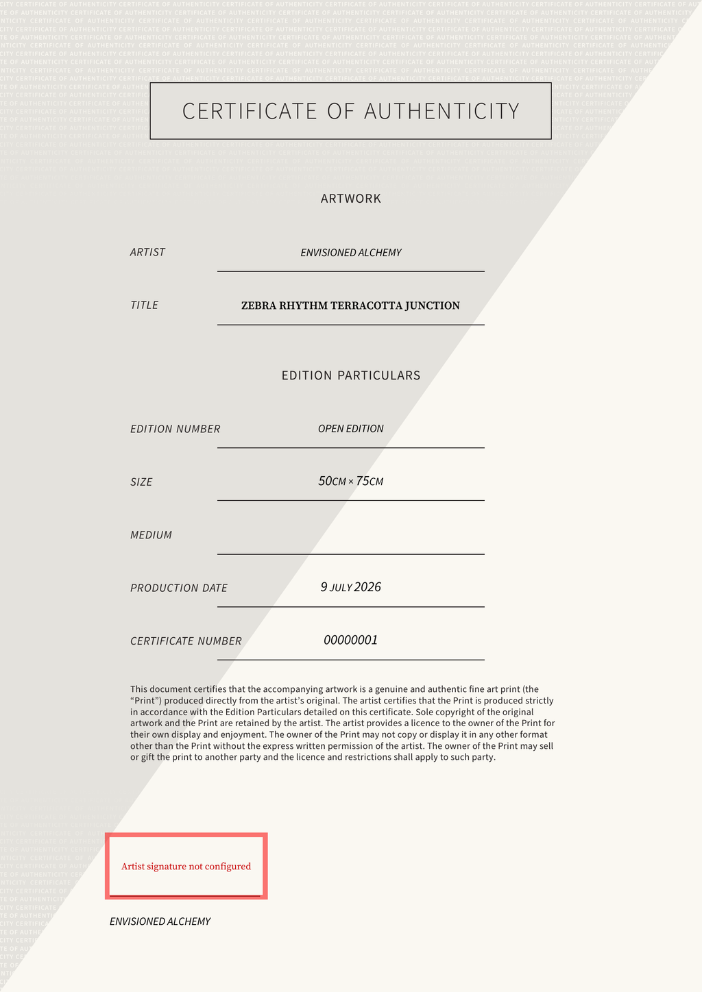 Zebra Rhythm Terracotta Junction — Certificate of Authenticity