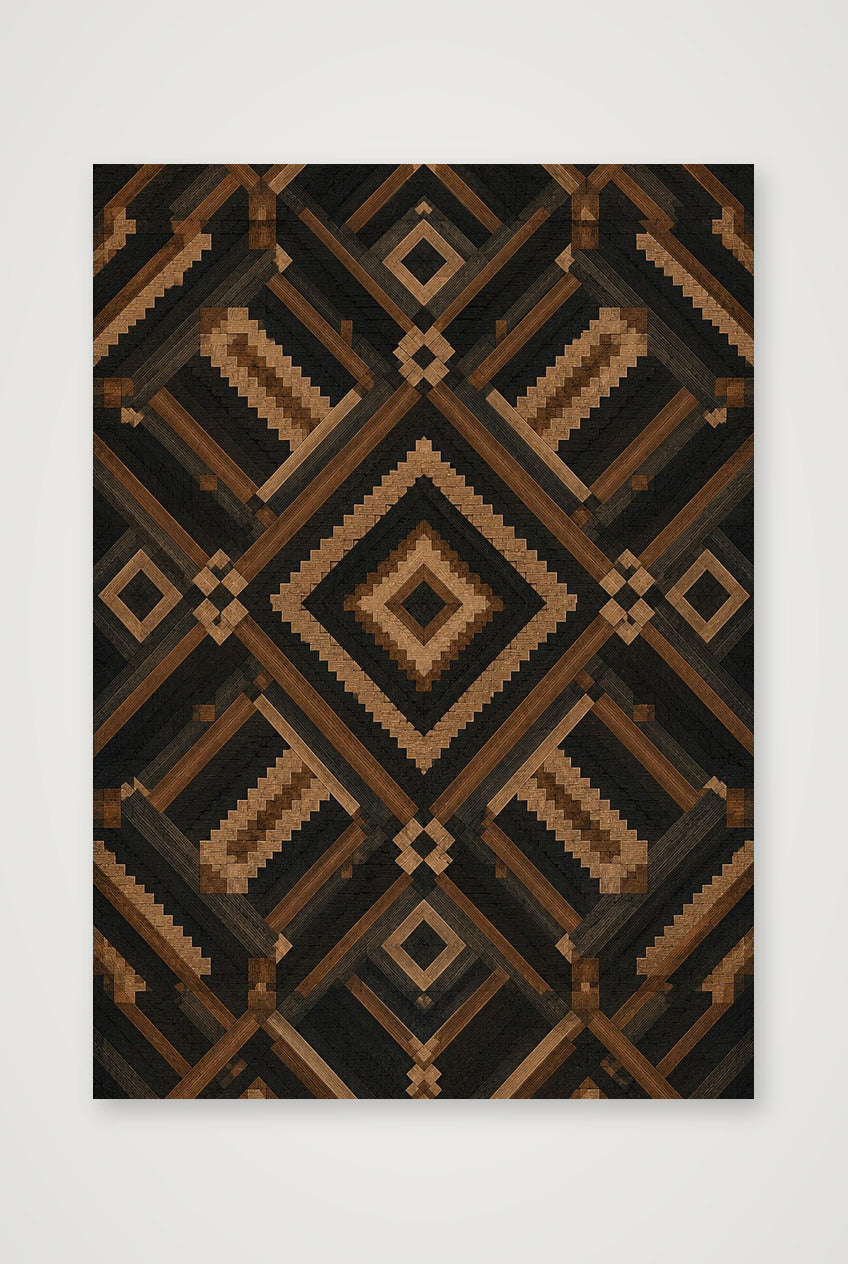 Kuba-Inspired African Wall Art, Black and Copper Geometric Giclée Print — Night Kuba — A4 (21×30cm, 8×12") Print only