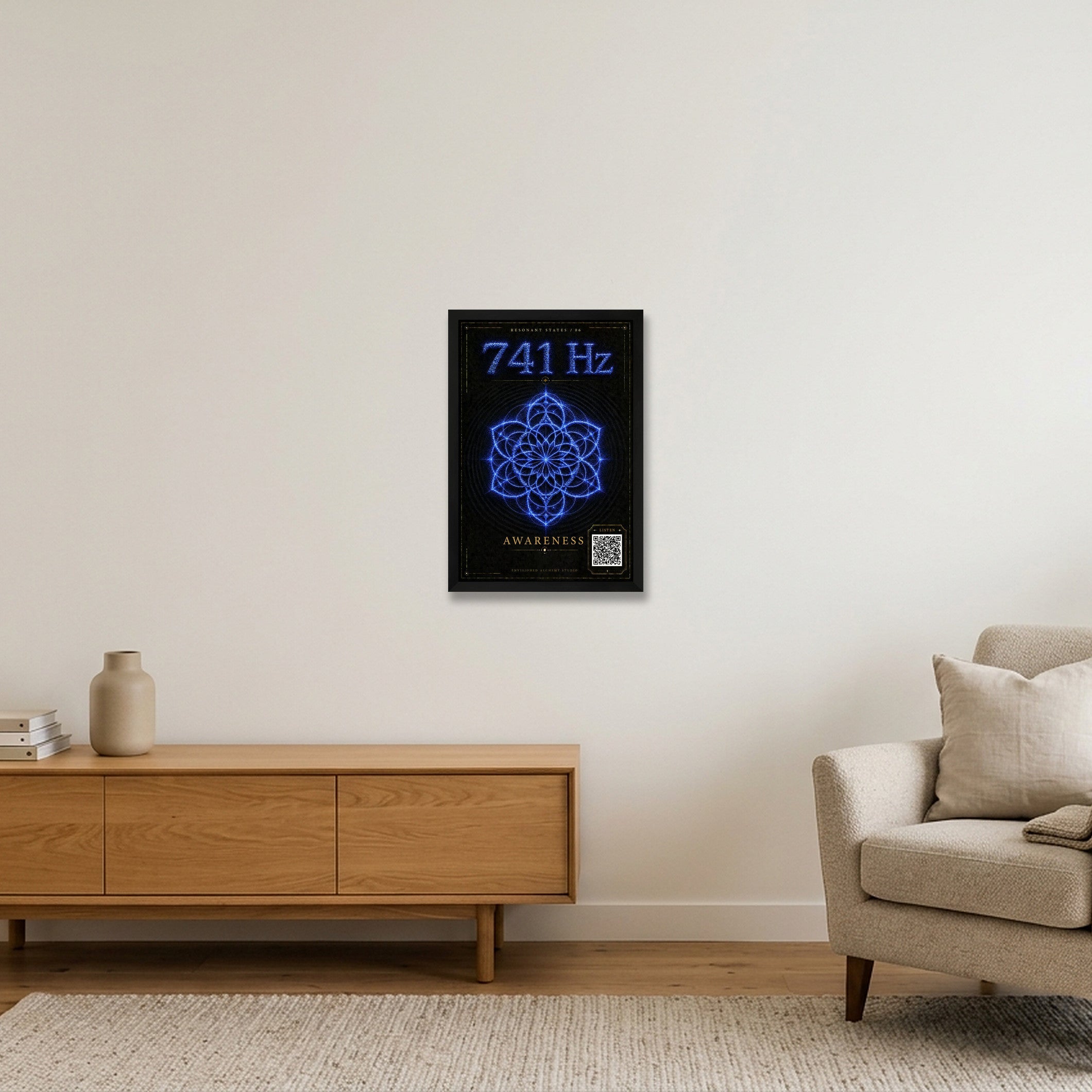 741 Hz Resonant States Frequency Cymatic Fine Art Print — 30×45cm, 12×18" Black Frame