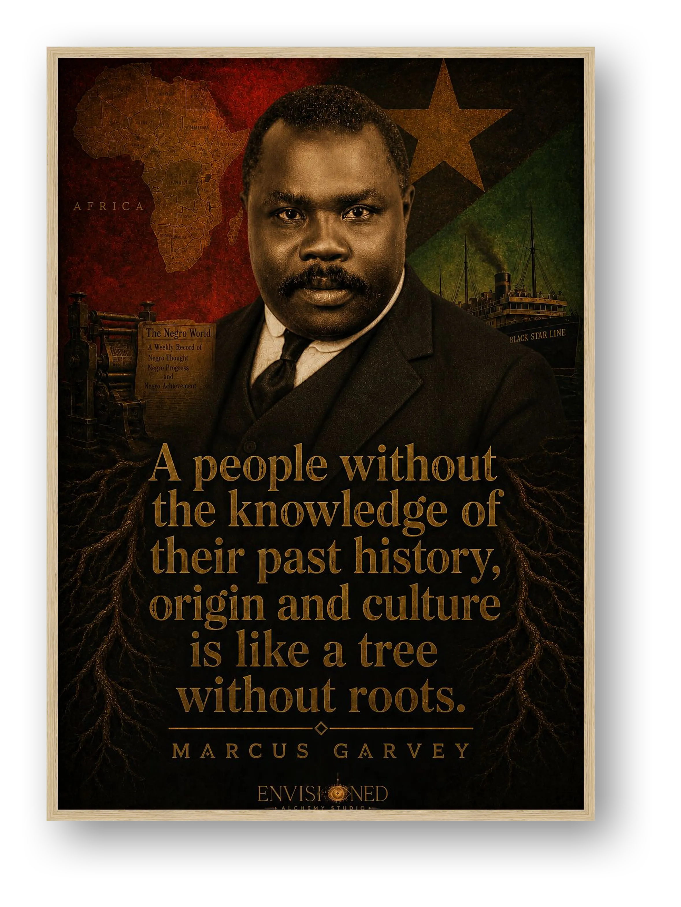 Marcus Garvey Quote Wall Art, Pan-African Black History Giclée Print — A People Without Knowledge of Their Past — framed
