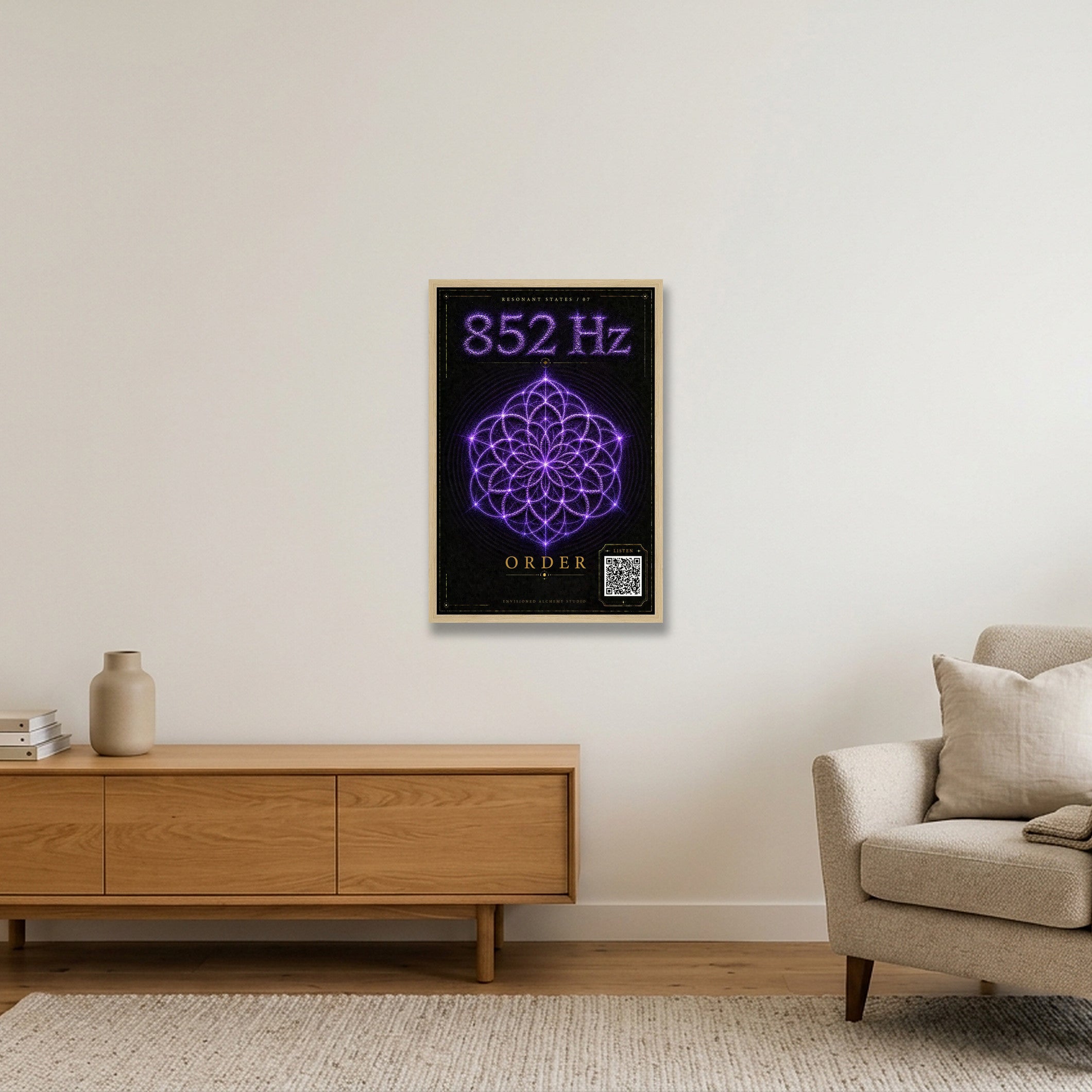852 Hz Resonant States Frequency Cymatic Fine Art Print — 40×60cm, 16×24" Oak Frame