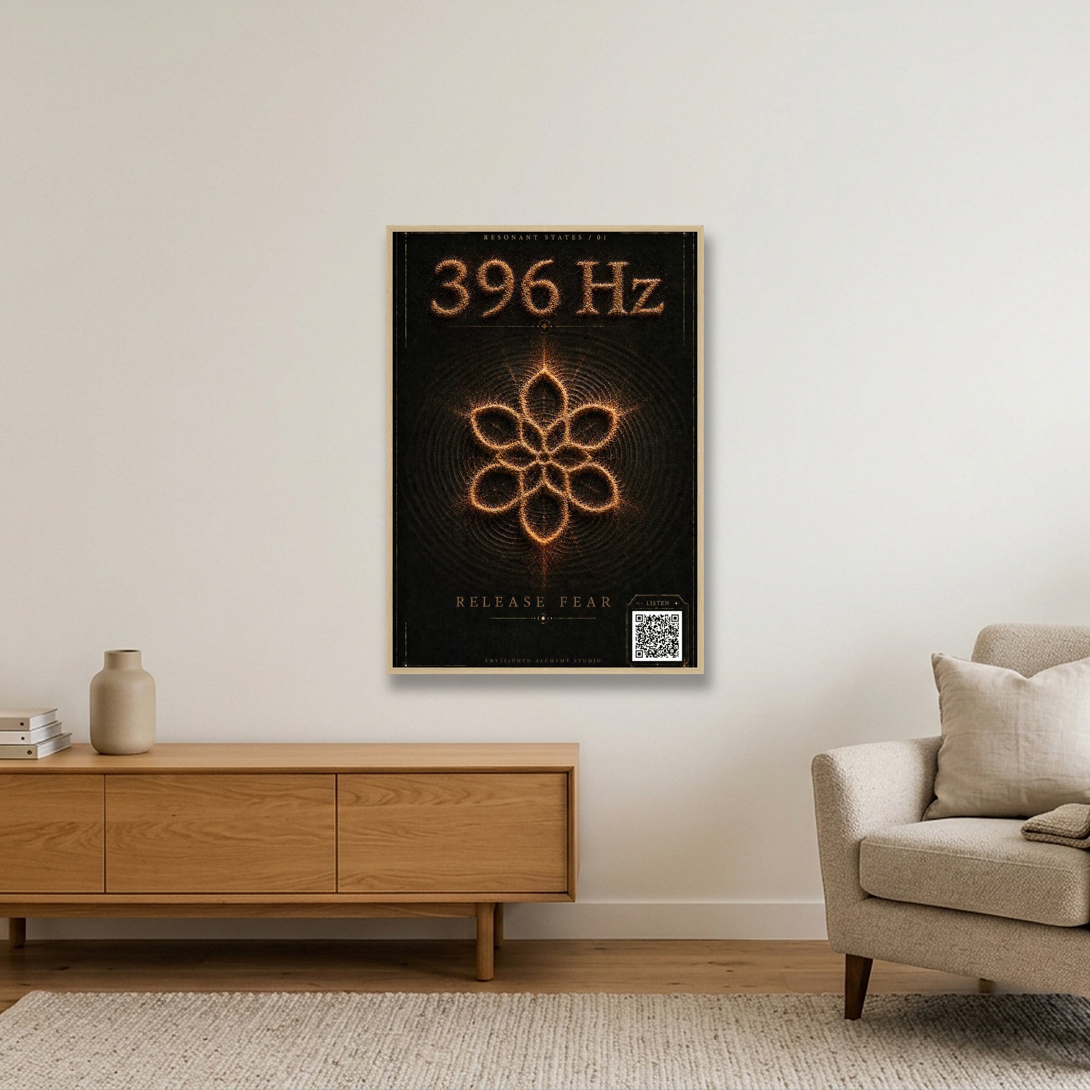 396 HZ Resonant States Frequency Cymatic — 70×100cm, 28×39" Oak Frame