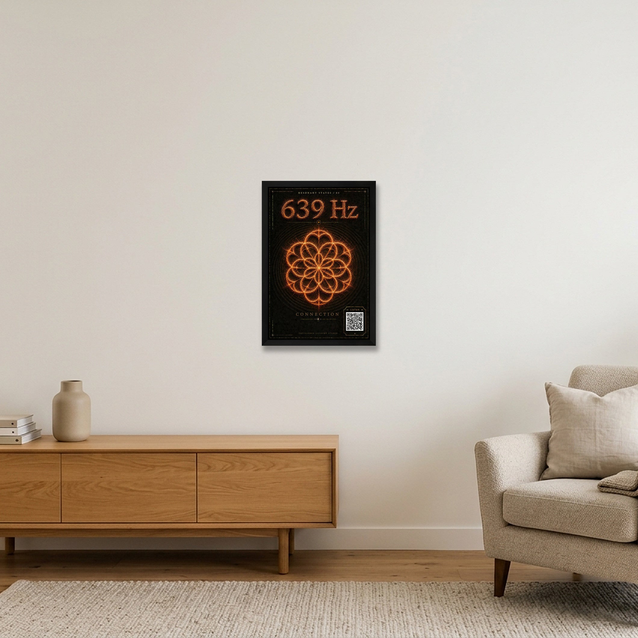 639 Hz Resonant States Frequency Cymatic Fine Art Print — 30×45cm, 12×18" Black Frame