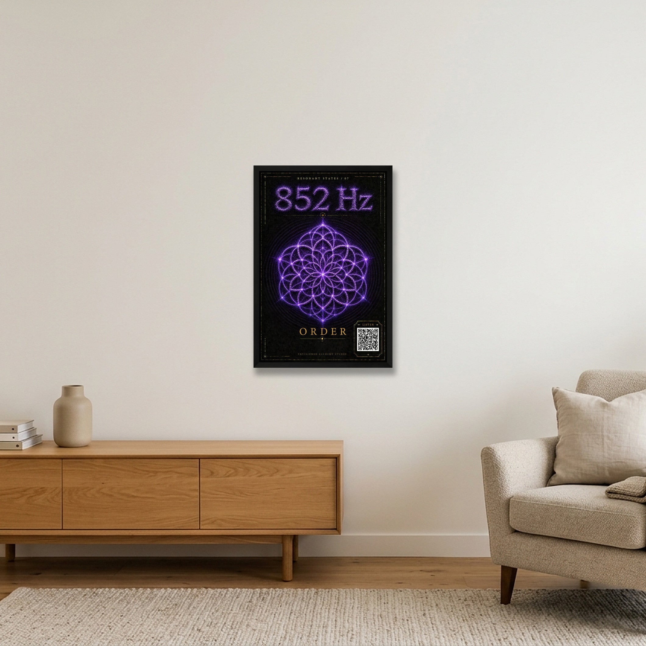 852 Hz Resonant States Frequency Cymatic Fine Art Print — 40×60cm, 16×24" Black Frame