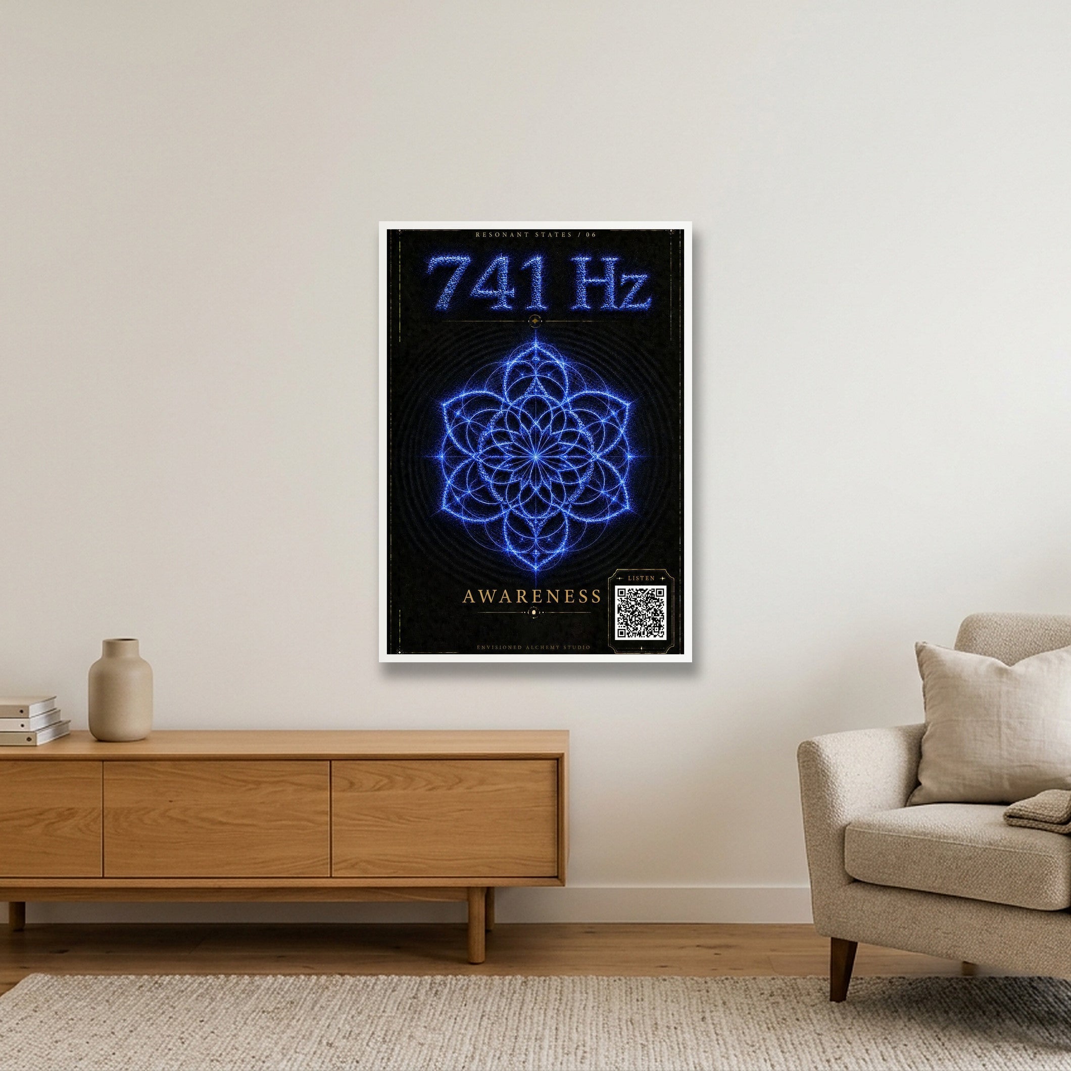 741 Hz Resonant States Frequency Cymatic Fine Art Print — 70×100cm, 28×39" White Frame