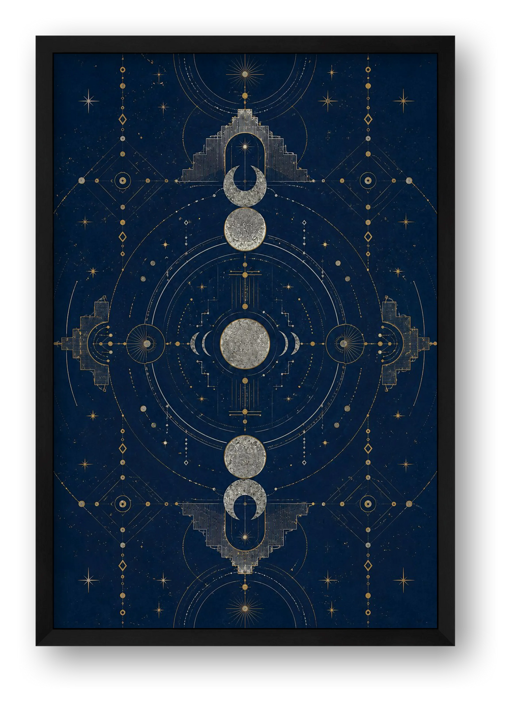 Navy Blue Moon Phase Wall Art, Gold Celestial Giclée Print — Moon Temple — framed