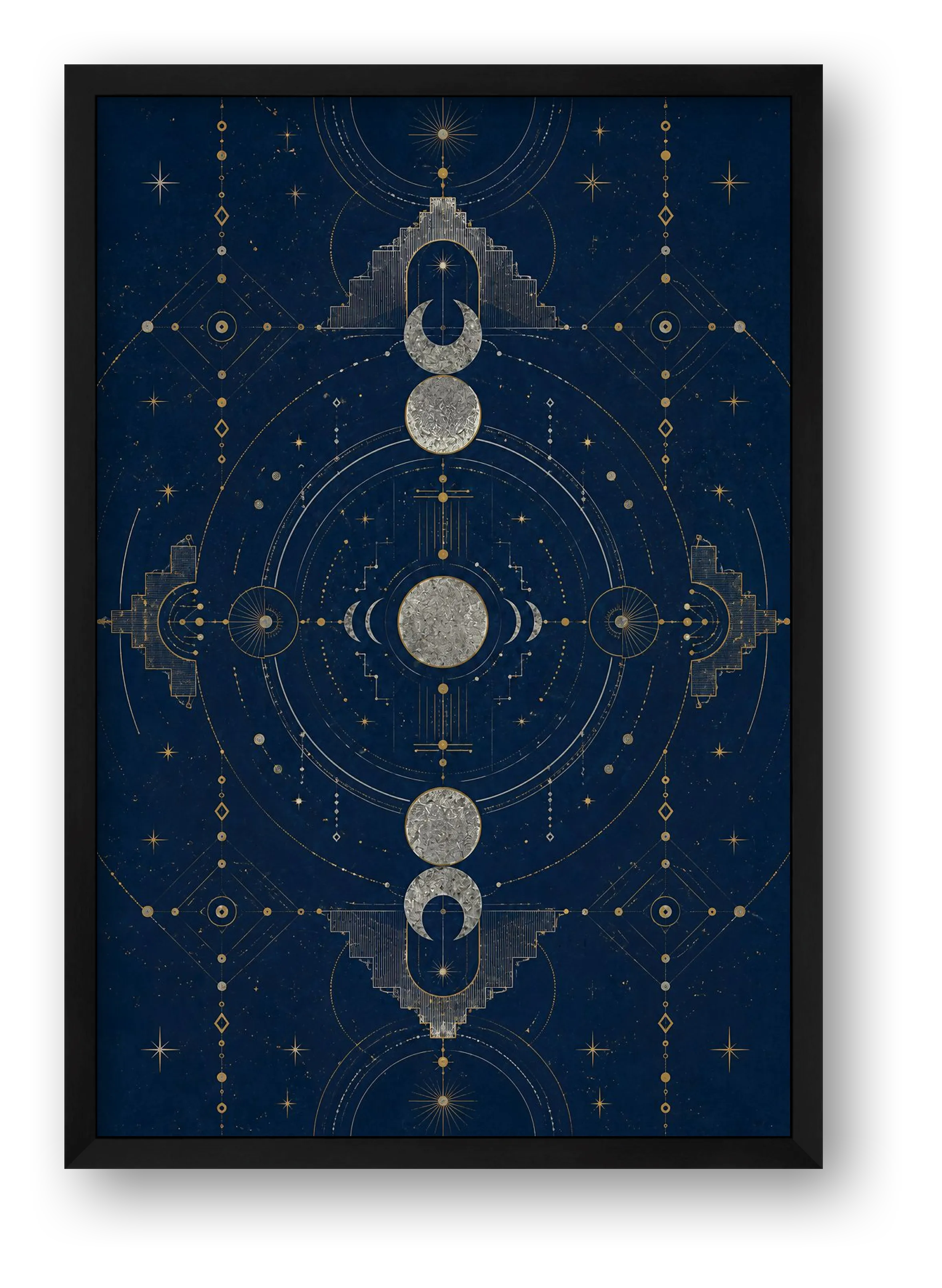 Navy Blue Moon Phase Wall Art, Gold Celestial Giclée Print — Moon Temple — framed