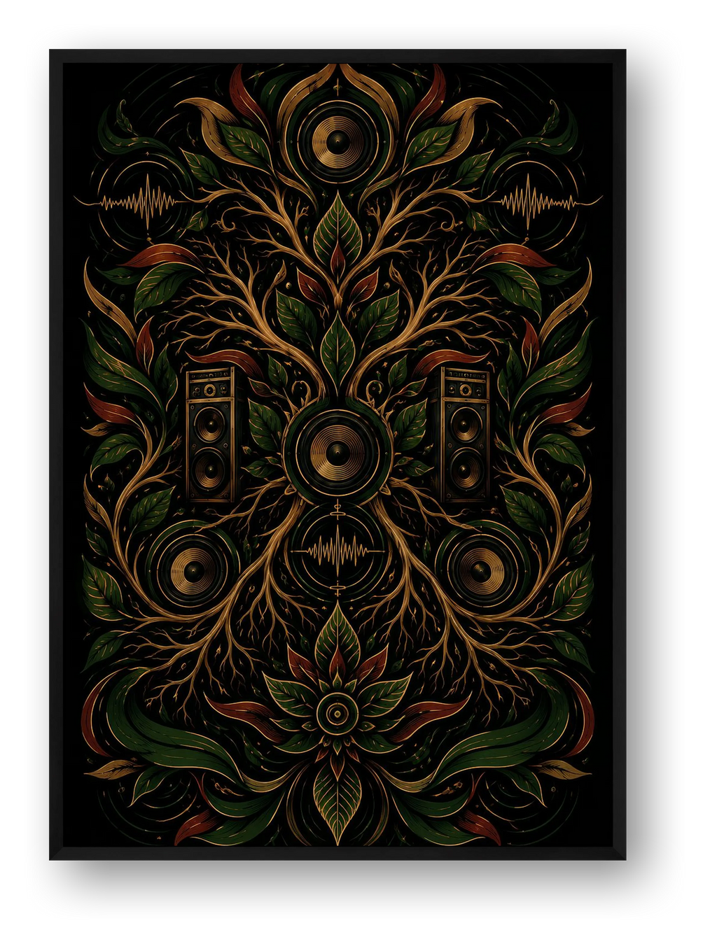 Rastafari Wall Art, Red Green and Gold Botanical Mandala Giclée Print — Roots Frequency — framed