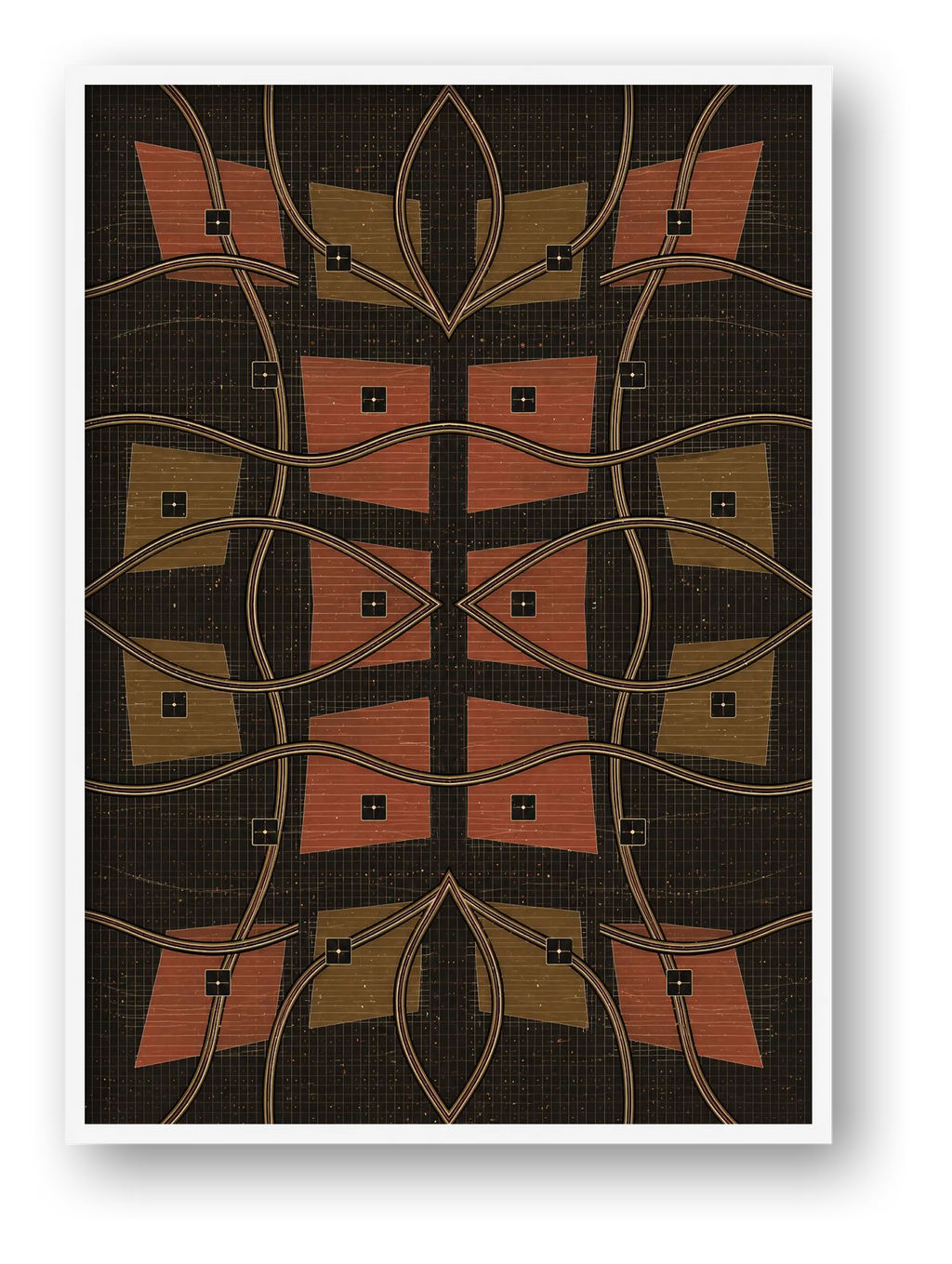 Earth-Tone African Geometric Wall Art, Rust and Gold Giclée Print — Kora Weave — framed