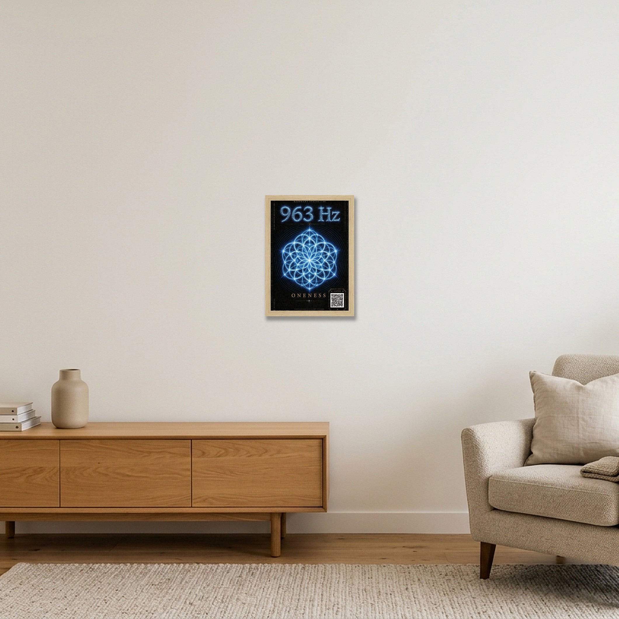 963 Hz Resonant States Frequency Cymatic Fine Art Print — A4 (21×30cm, 8×12") Oak Frame