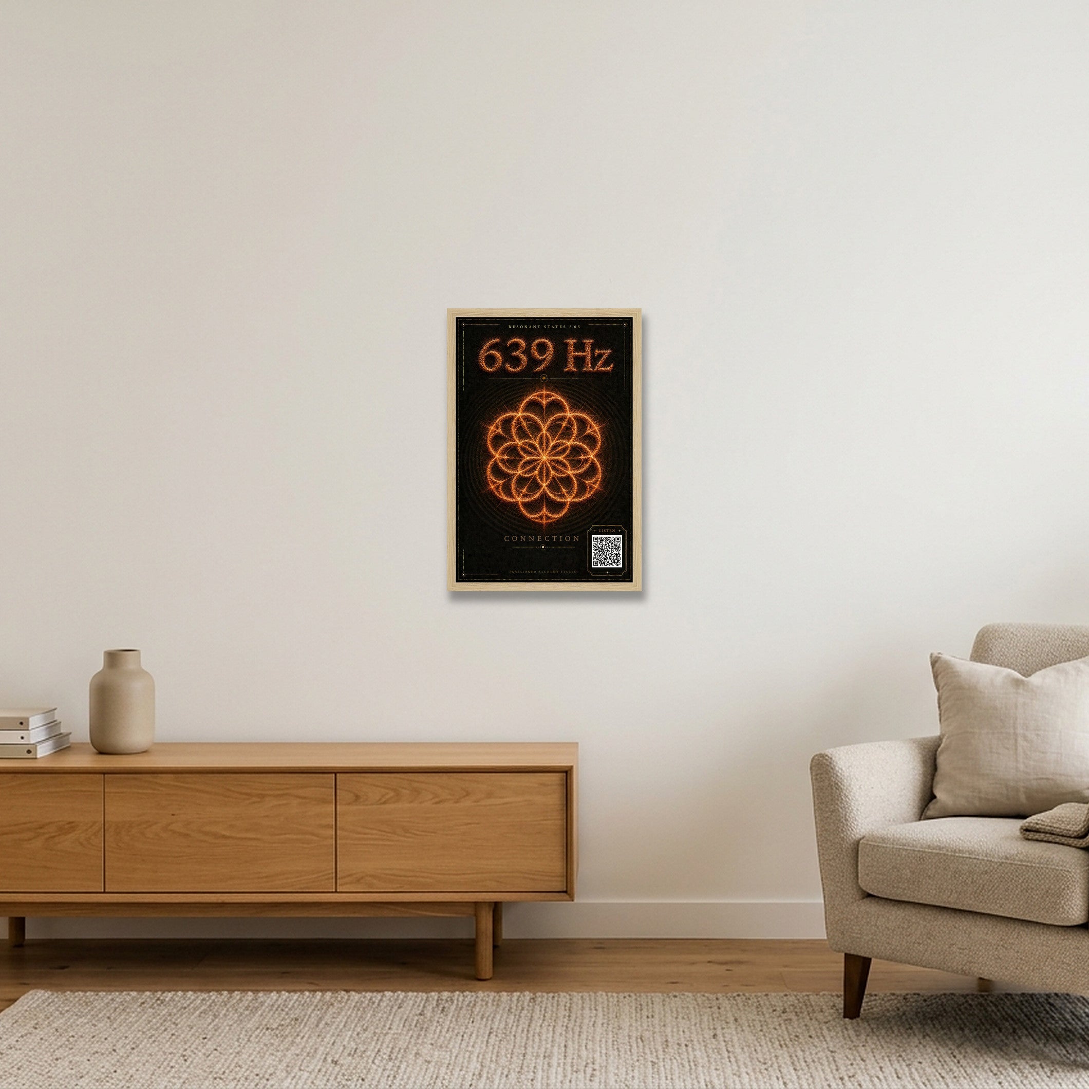 639 Hz Resonant States Frequency Cymatic Fine Art Print — 30×45cm, 12×18" Oak Frame