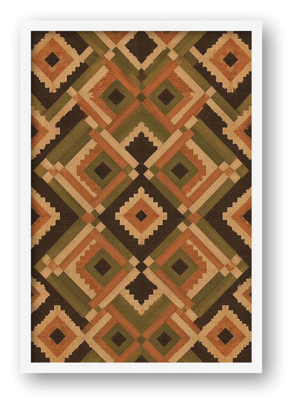 Earth-Tone African Geometric Wall Art, Tribal Textile Giclée Print — Earth Diamond — framed
