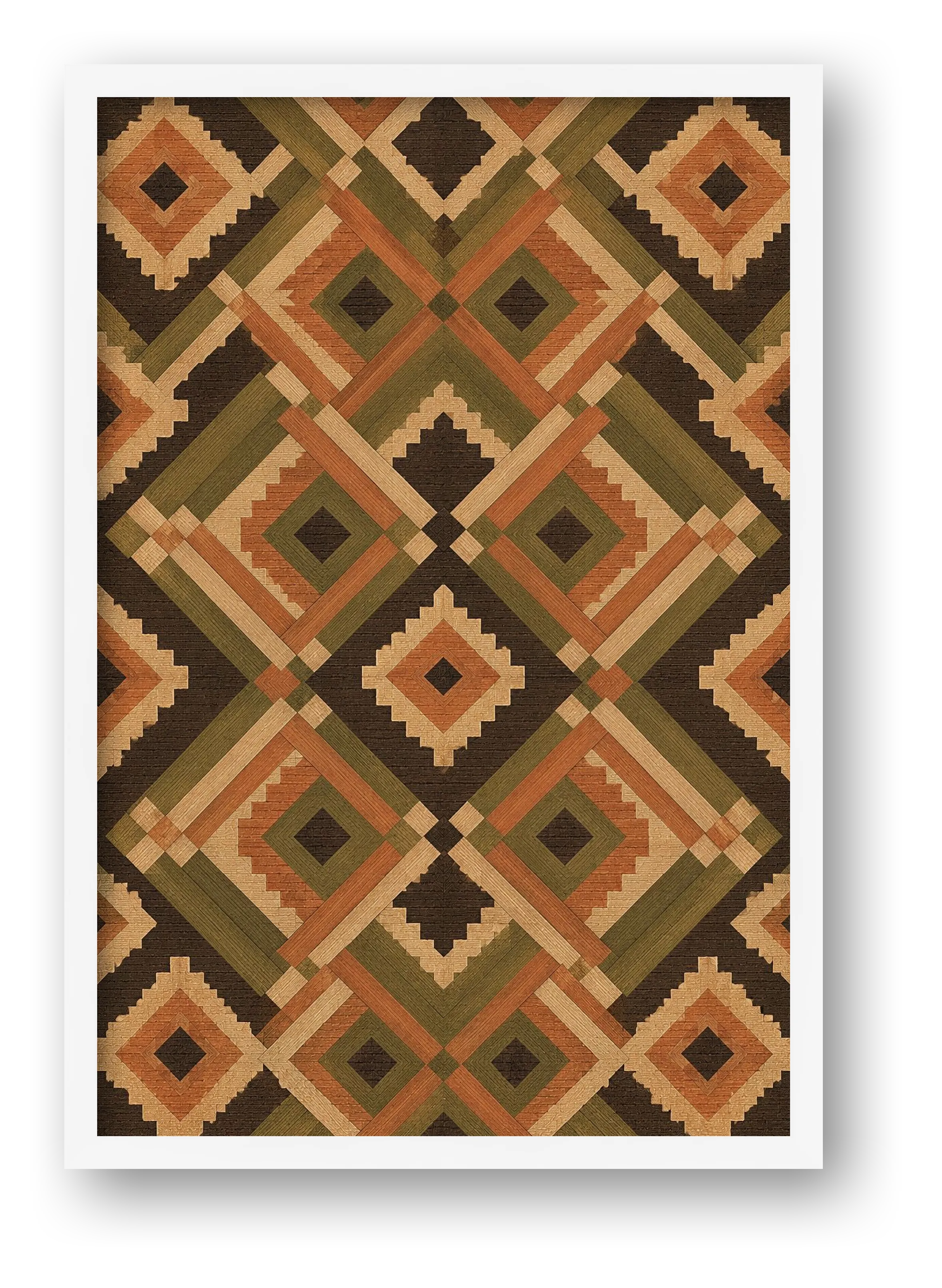 Earth-Tone African Geometric Wall Art, Tribal Textile Giclée Print — Earth Diamond — framed