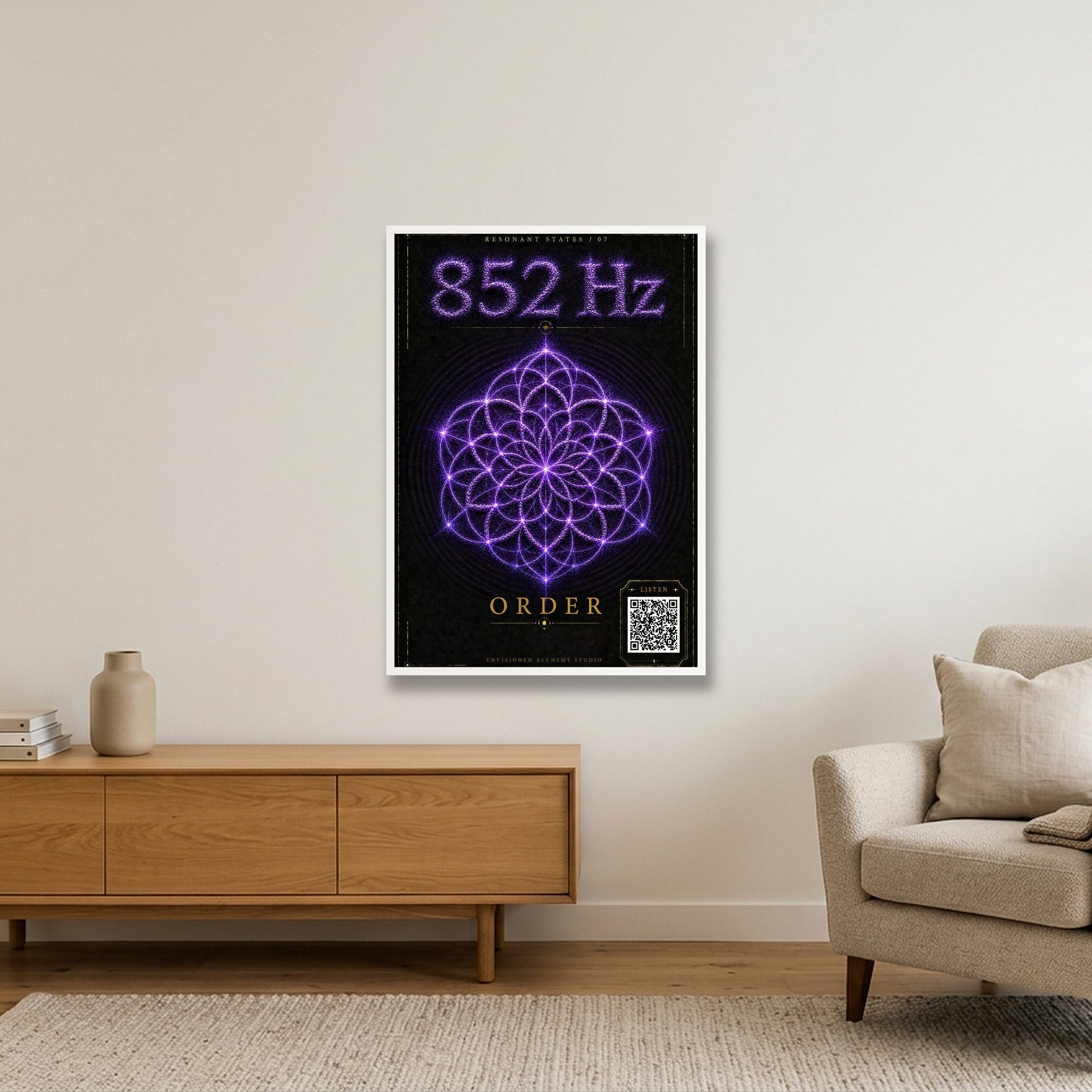 852 Hz Resonant States Frequency Cymatic Fine Art Print — 70×100cm, 28×39" White Frame
