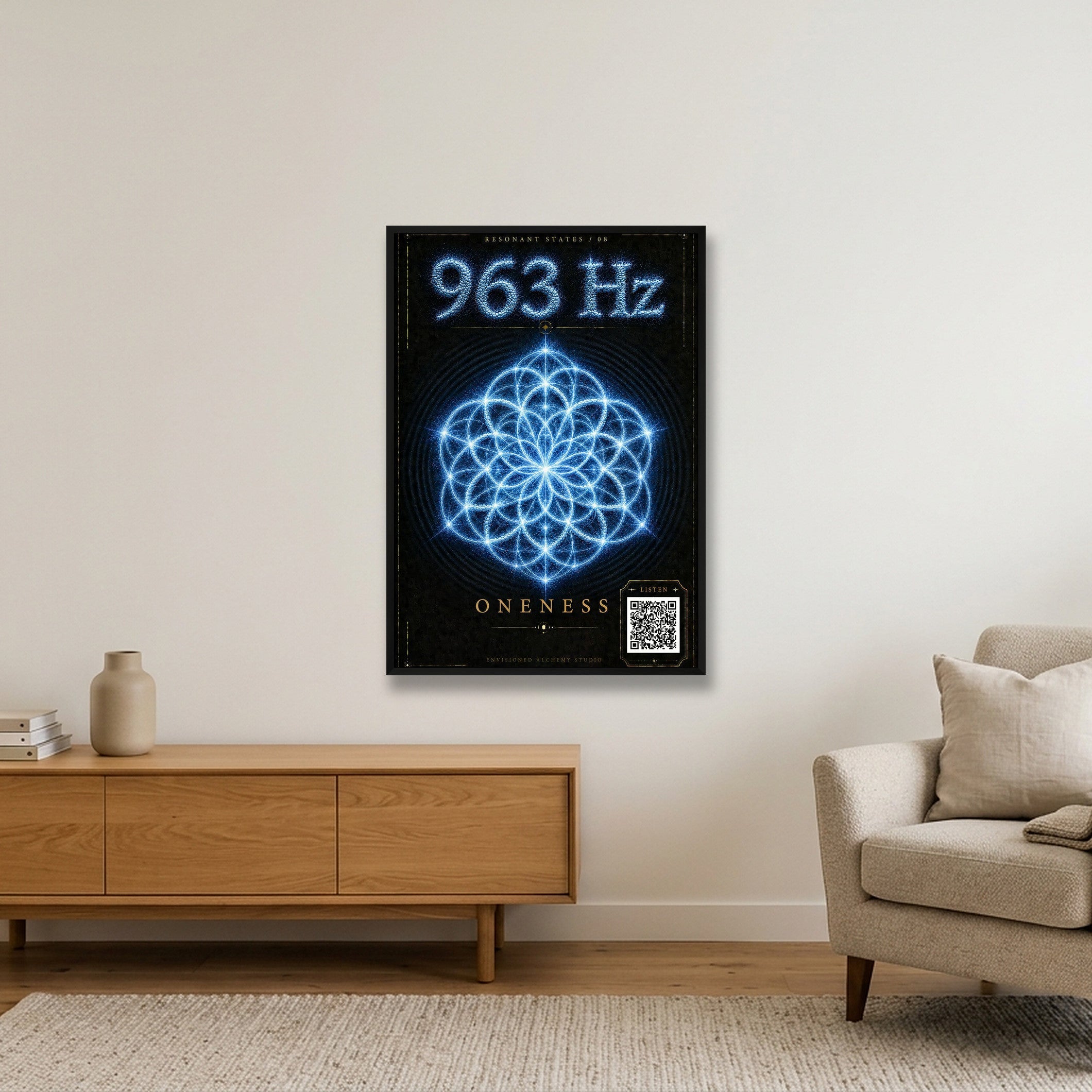 963 Hz Resonant States Frequency Cymatic Fine Art Print — 70×100cm, 28×39" Black Frame