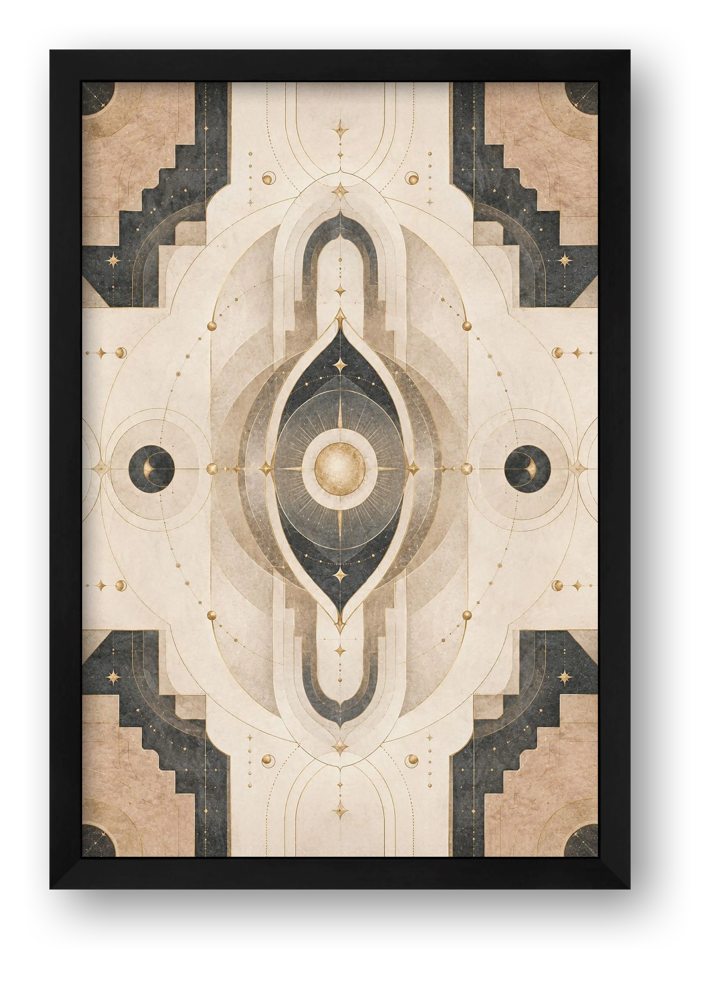 Neutral Sacred Geometry Wall Art, Beige and Gold Spiritual Giclée Print — Aura Gate — framed