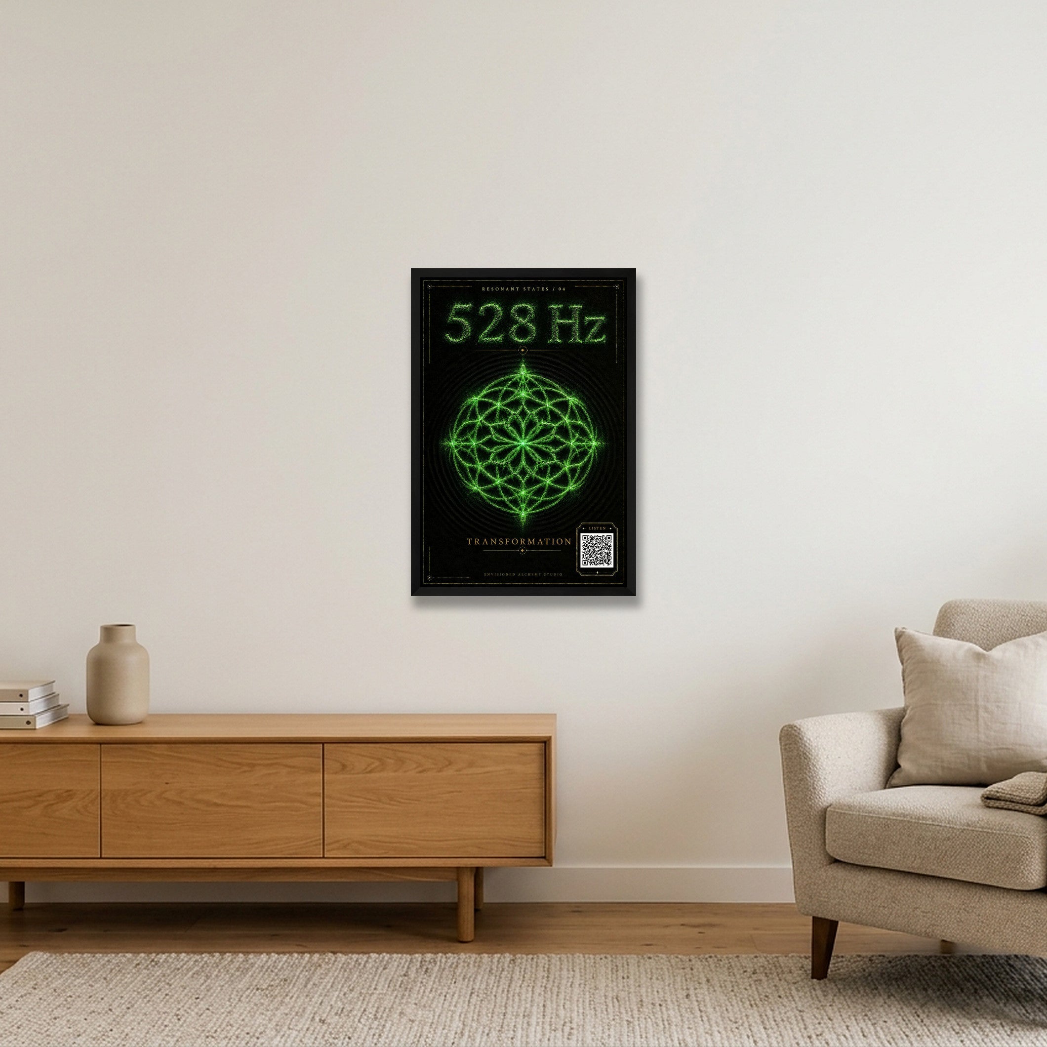 528 Hz Resonant States Frequency Cymatic Fine Art Print — 40×60cm, 16×24" Black Frame