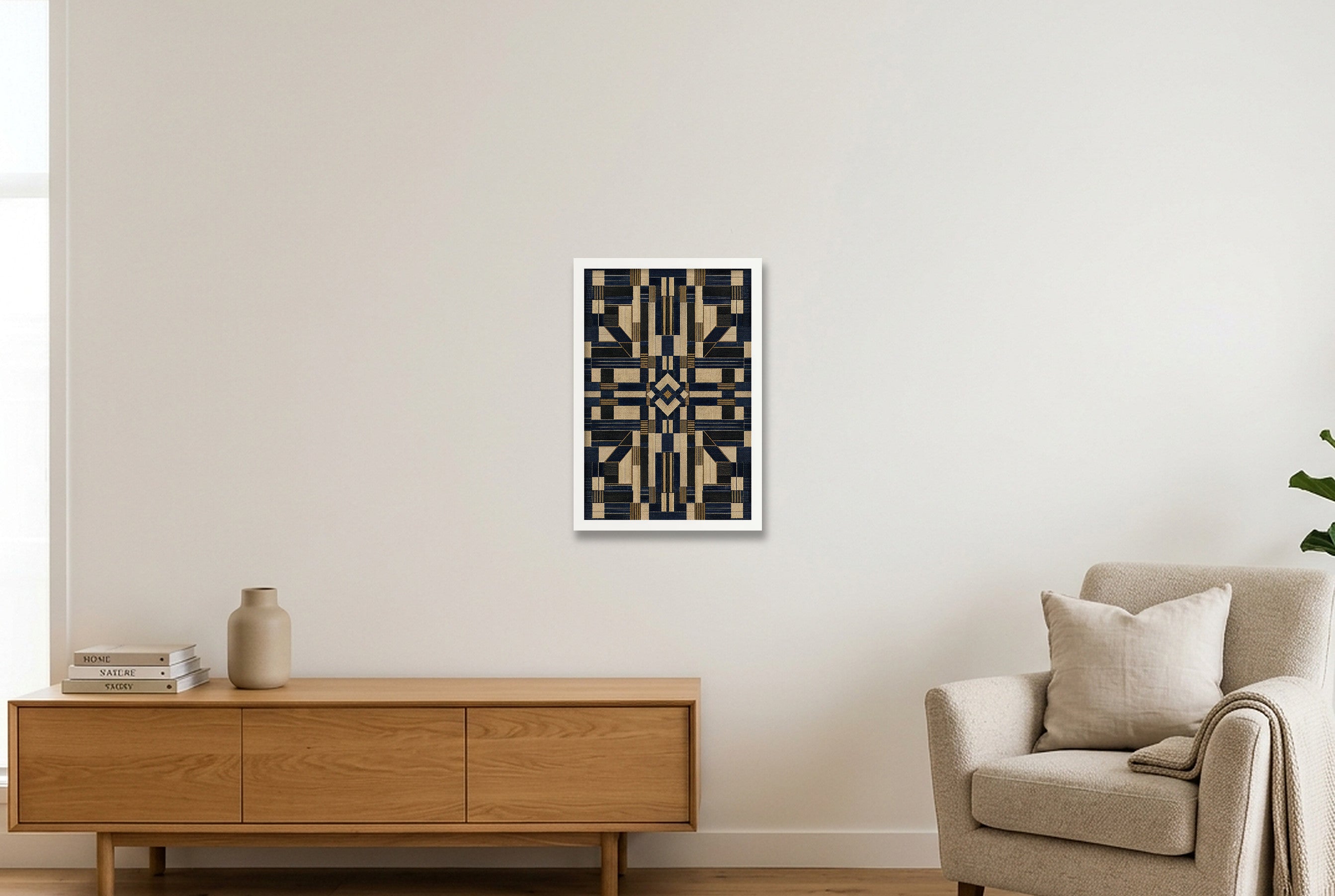 Indigo Geometric Heritage Weave — 30×45cm, 12×18" White Frame