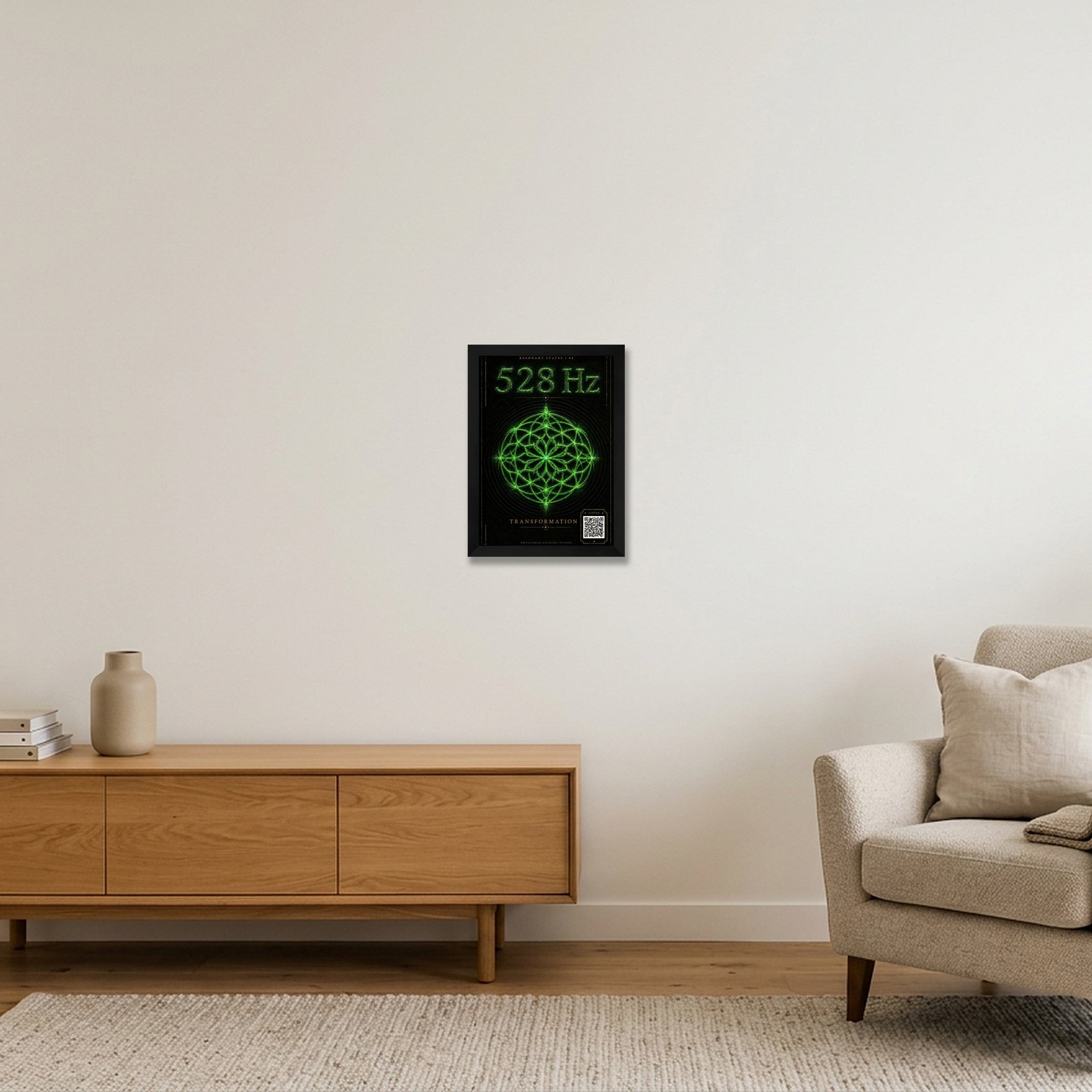 528 Hz Resonant States Frequency Cymatic Fine Art Print — A4 (21×30cm, 8×12") Black Frame