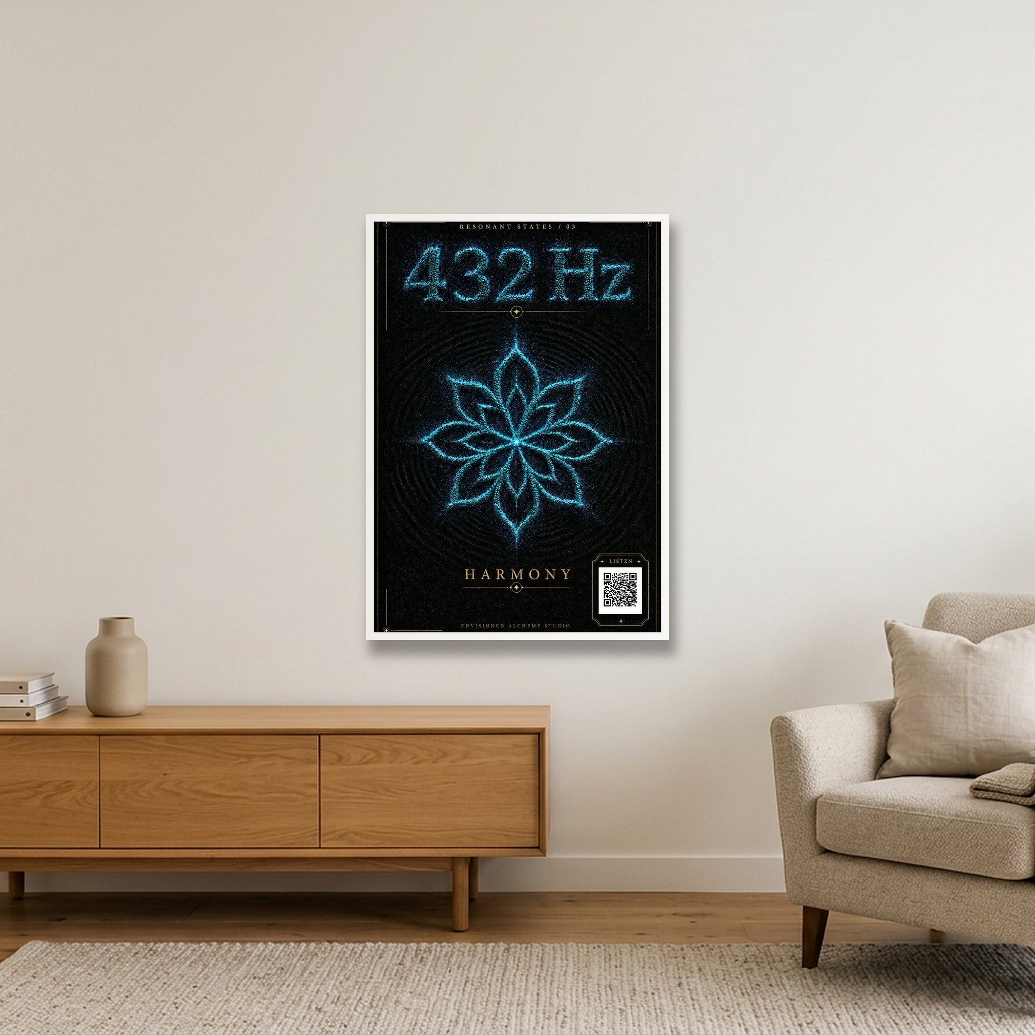 432 Hz Resonant States Frequency Cymatic — 70×100cm, 28×39" White Frame