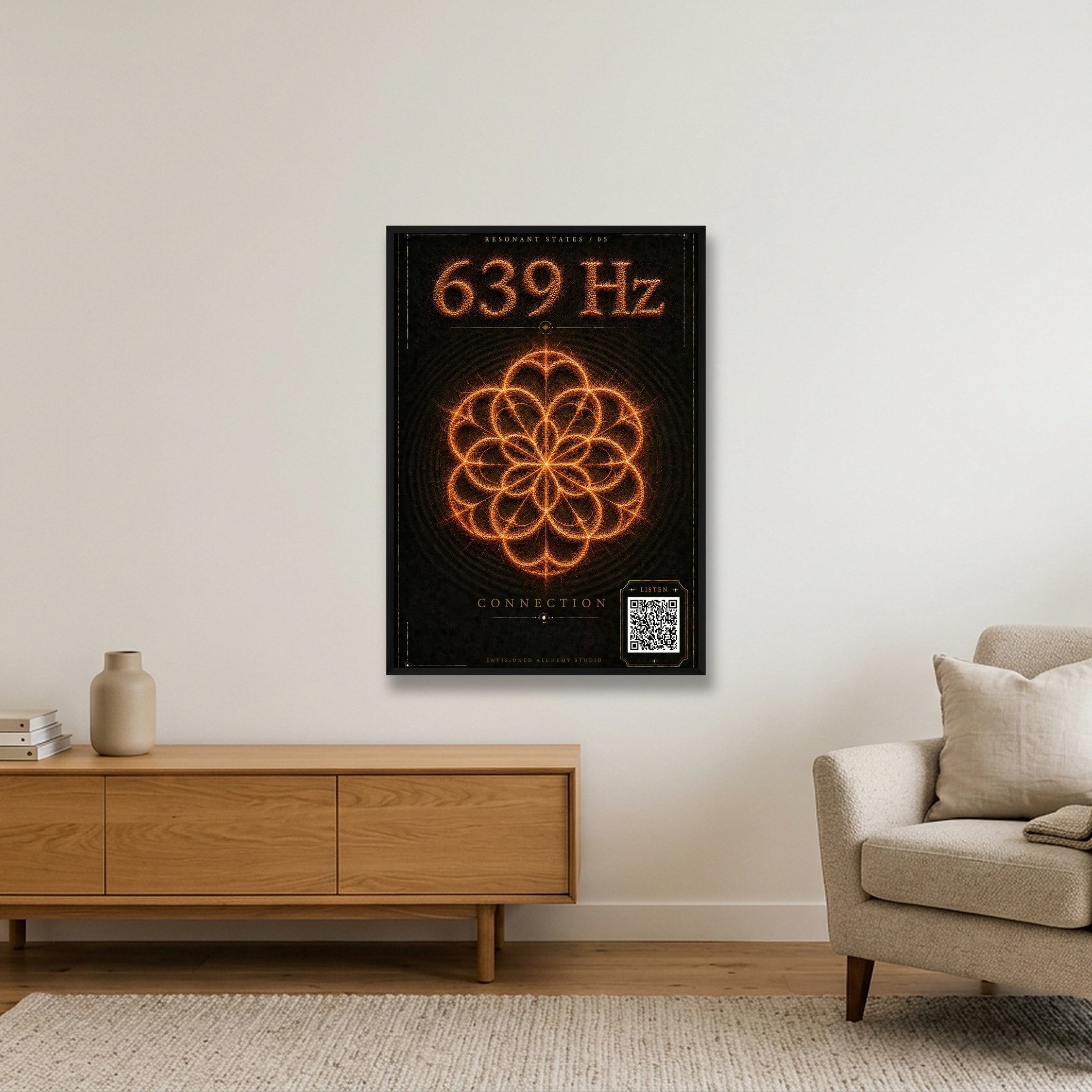 639 Hz Resonant States Frequency Cymatic Fine Art Print — 70×100cm, 28×39" Black Frame